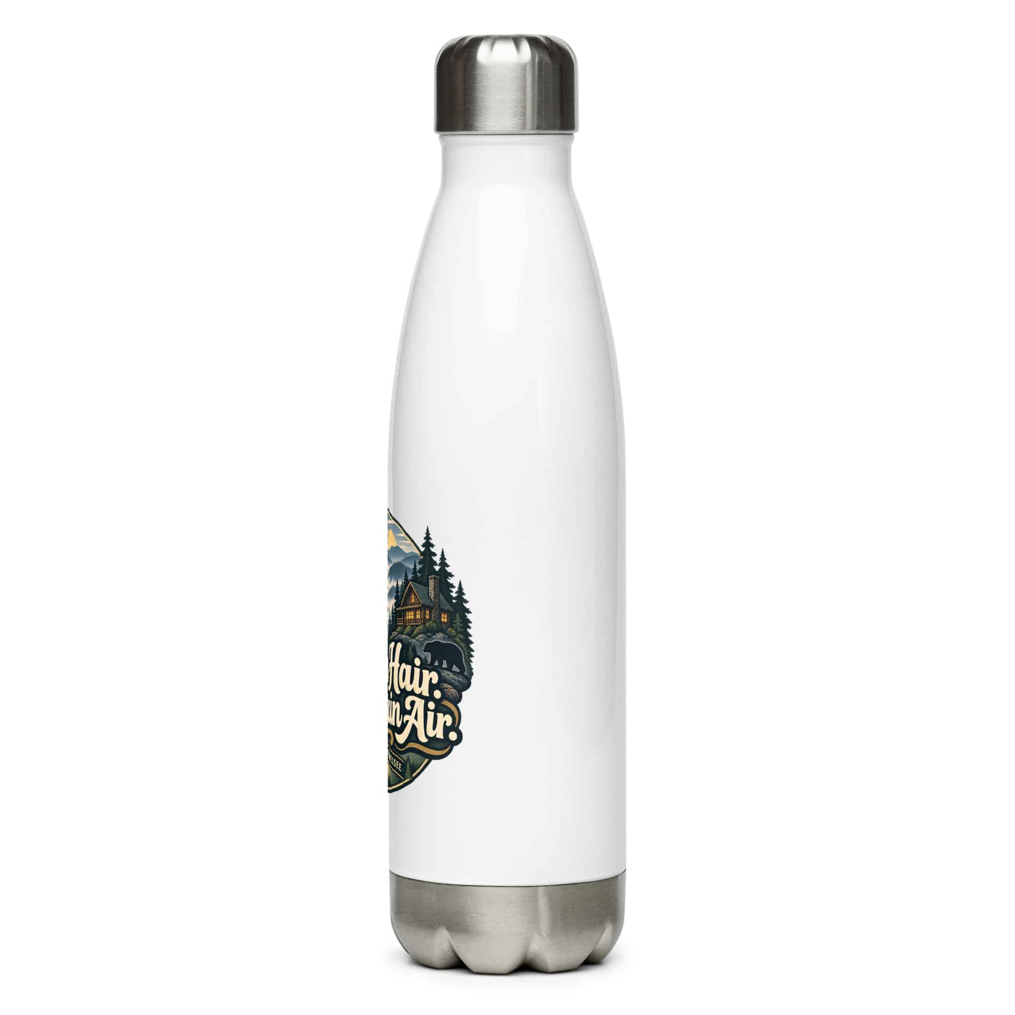Gatlinburg and the Smokies Stainless Steel Water Bottle: Cabin Hair. Mountain Air, Woodland Scenic Lettering