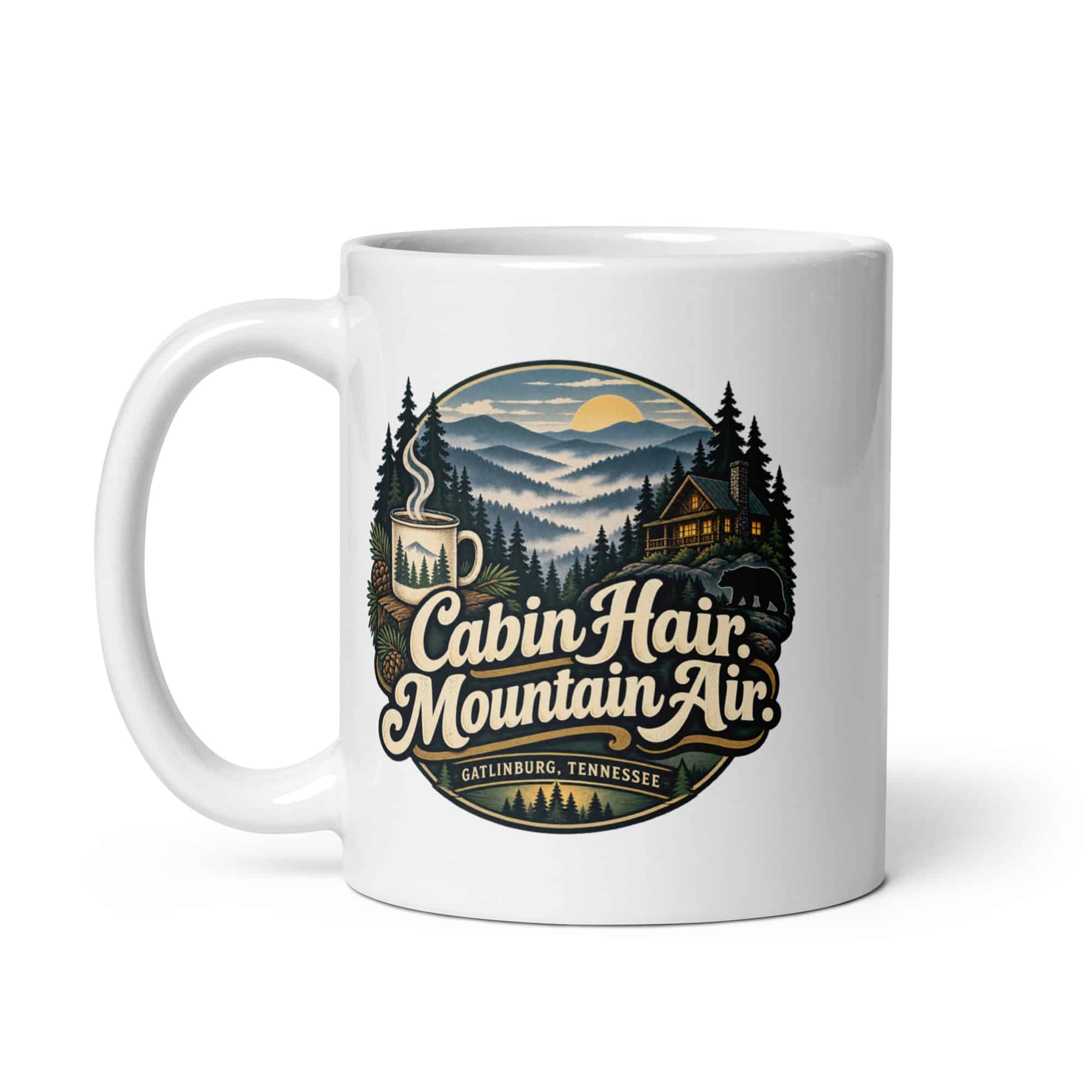 Gatlinburg and the Smokies White Ceramic Coffee Mug: Cabin Hair. Mountain Air, Woodland Scenic Lettering