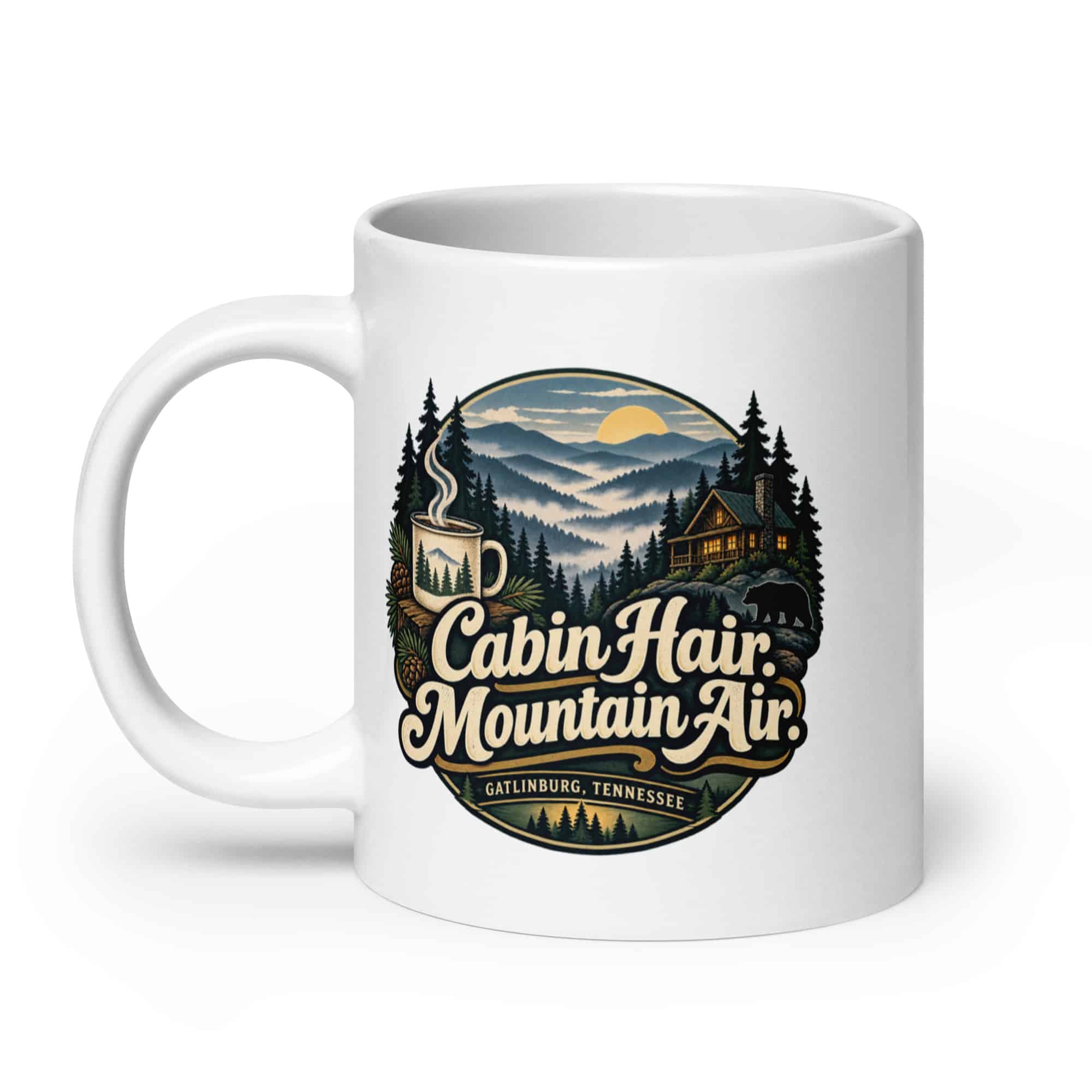 Gatlinburg and the Smokies White Ceramic Coffee Mug: Cabin Hair. Mountain Air, Woodland Scenic Lettering