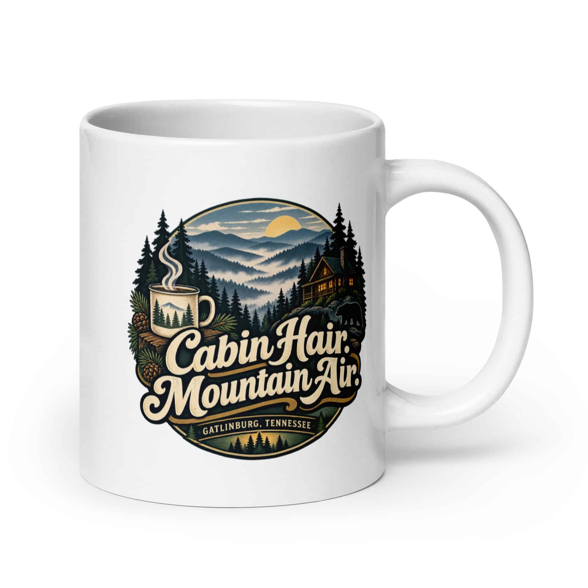 Gatlinburg and the Smokies White Ceramic Coffee Mug: Cabin Hair. Mountain Air, Woodland Scenic Lettering