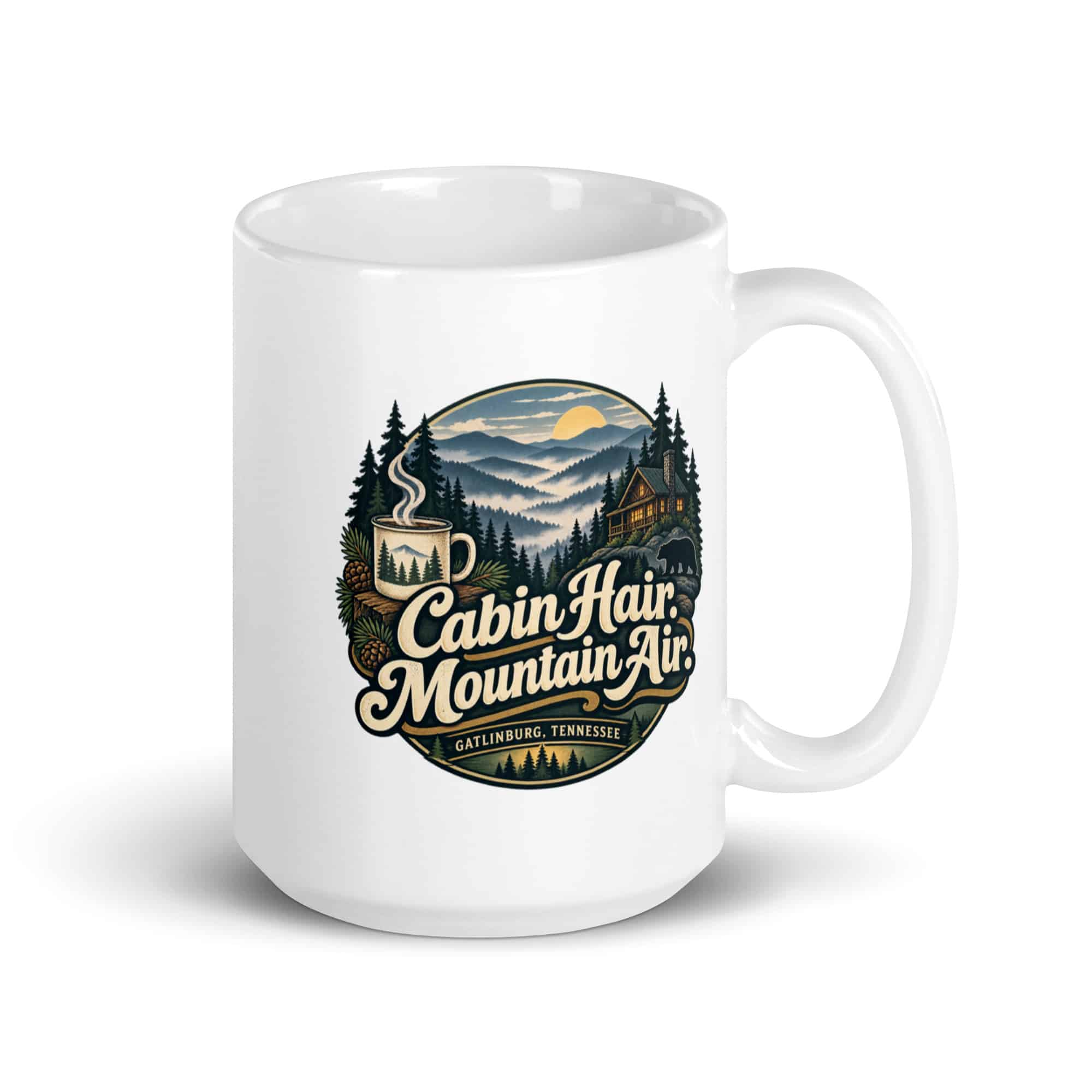 Gatlinburg and the Smokies White Ceramic Coffee Mug: Cabin Hair. Mountain Air, Woodland Scenic Lettering