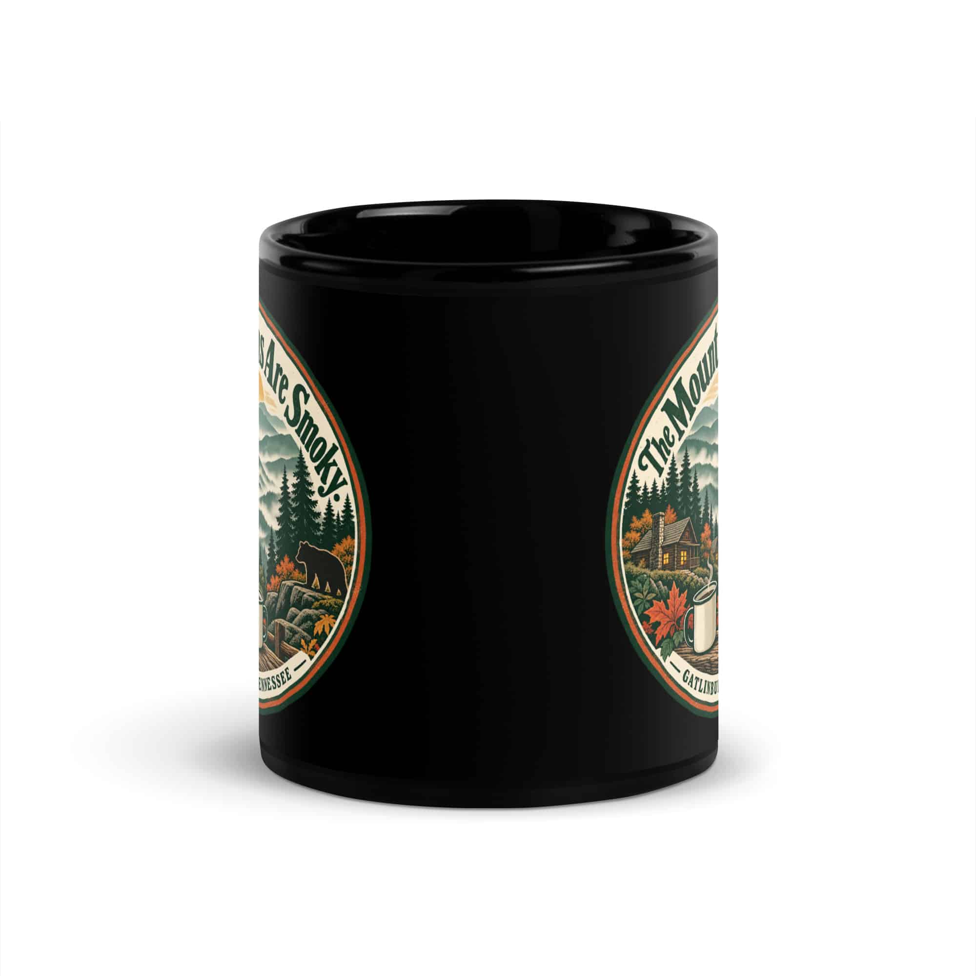 Gatlinburg and the Smokies Black Coffee Mug: The Mountains Are Smoky, Vintage Round Badge
