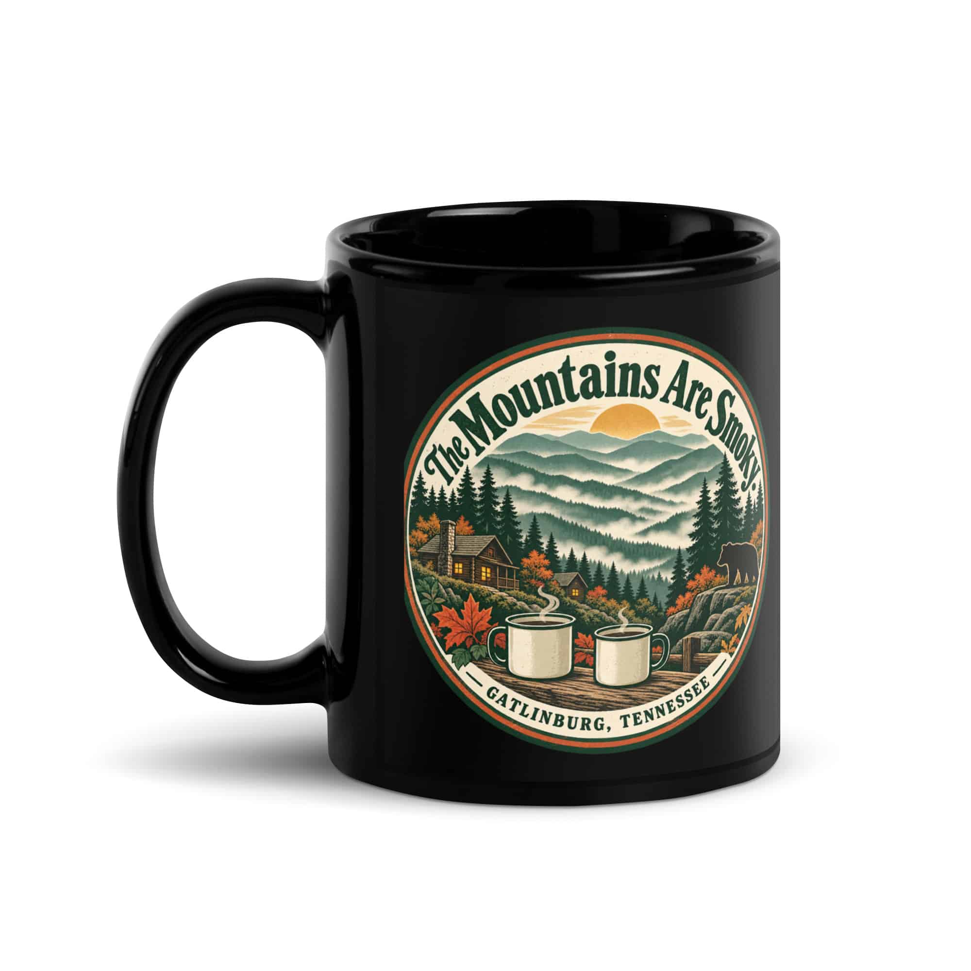 Gatlinburg and the Smokies Black Coffee Mug: The Mountains Are Smoky, Vintage Round Badge
