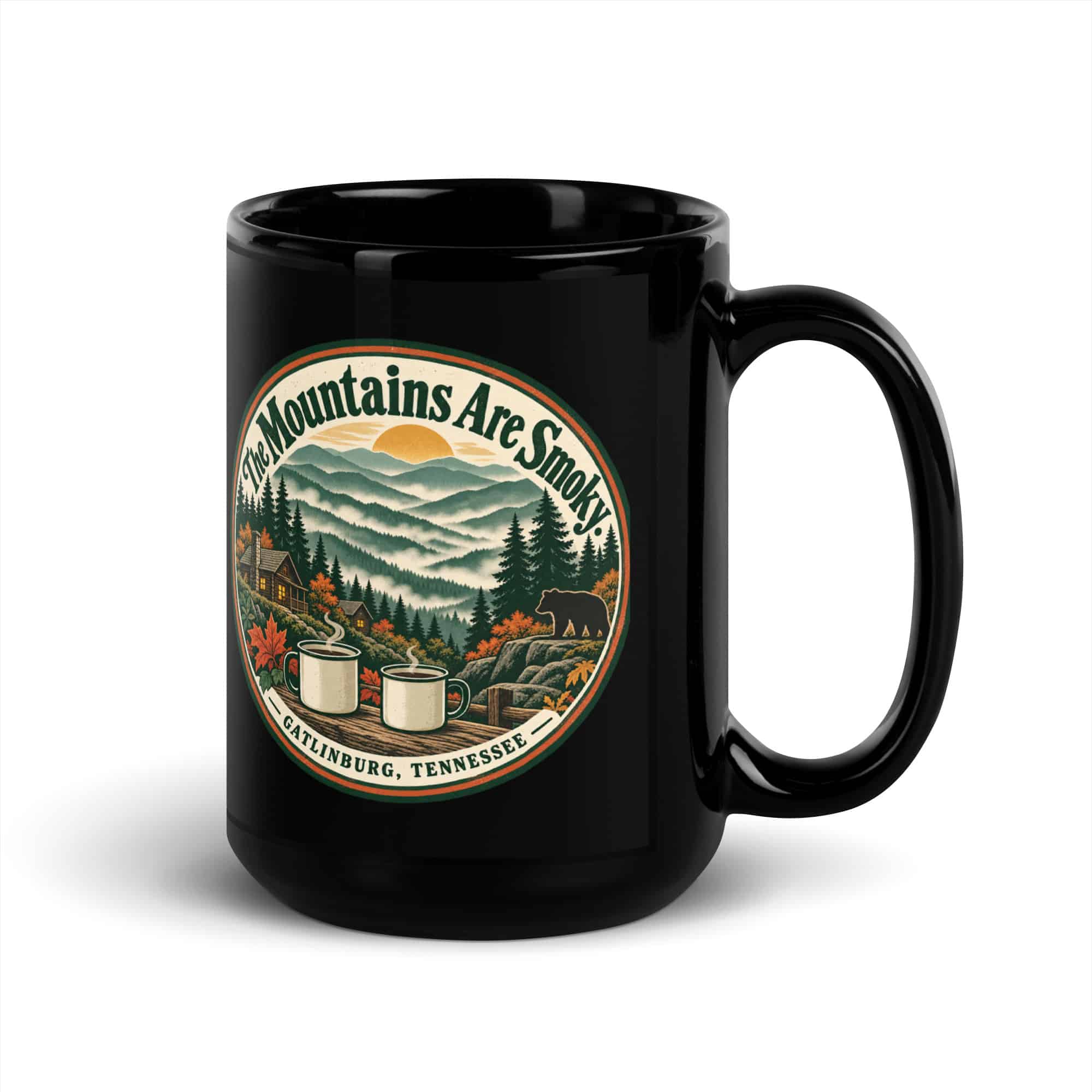 Gatlinburg and the Smokies Black Coffee Mug: The Mountains Are Smoky, Vintage Round Badge