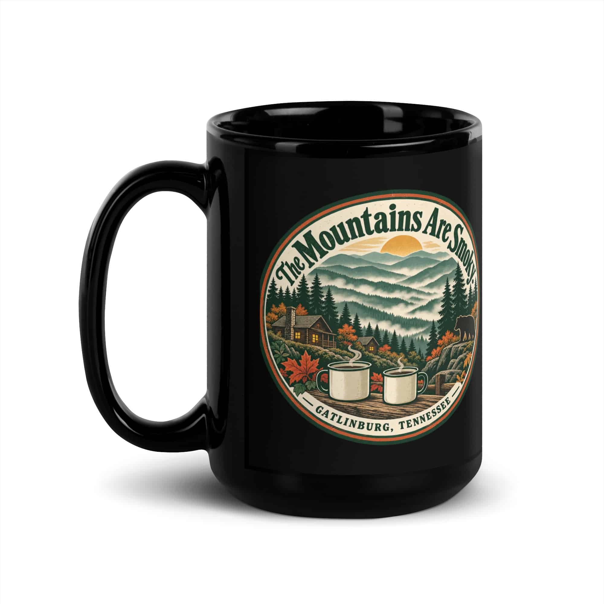 Gatlinburg and the Smokies Black Coffee Mug: The Mountains Are Smoky, Vintage Round Badge