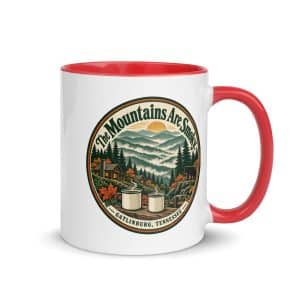 Gatlinburg and the Smokies Color Inside Coffee Mug: The Mountains Are Smoky, Vintage Round Badge - 11 oz - Main
