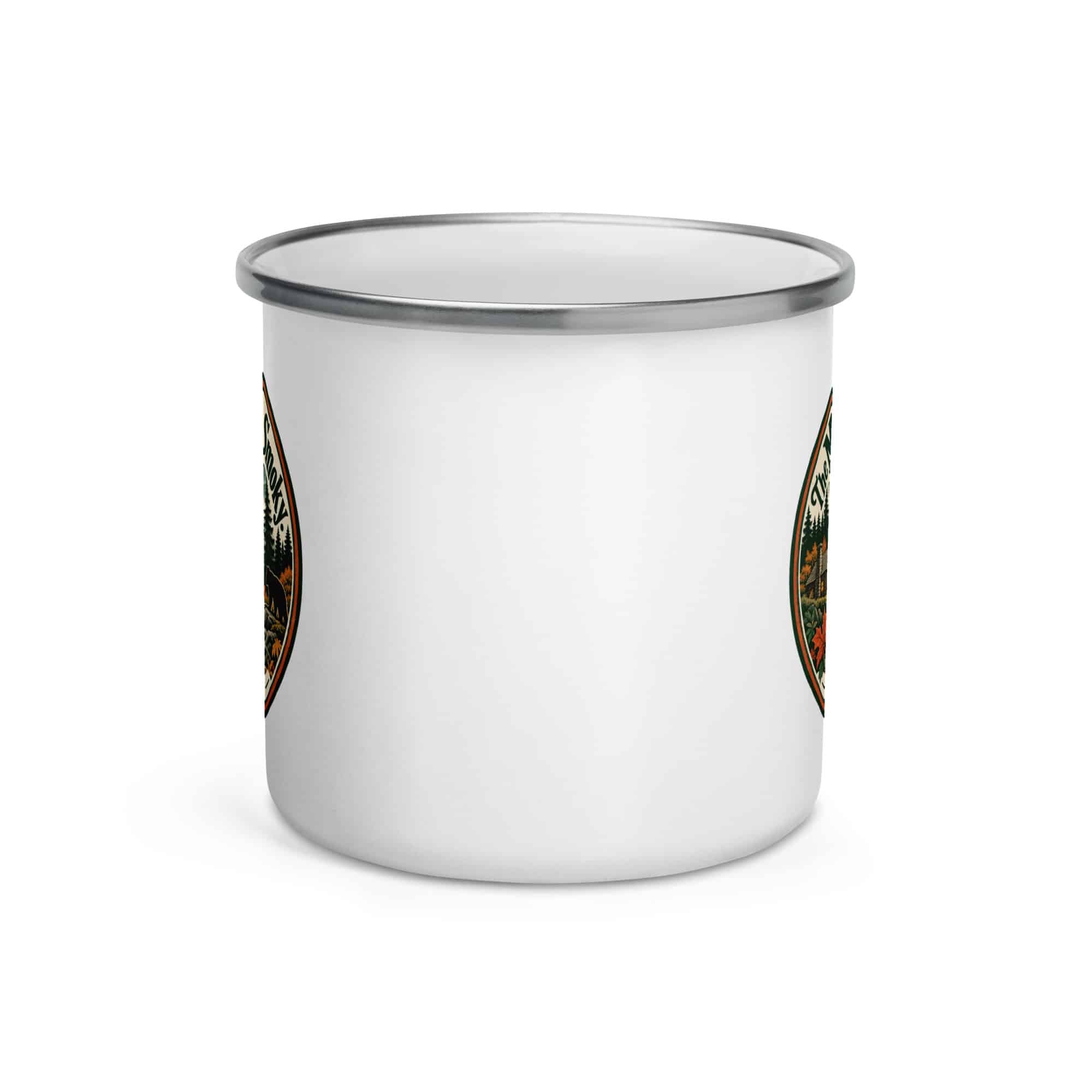 Gatlinburg and the Smokies Enamel Camp Mug: The Mountains Are Smoky, Vintage Round Badge