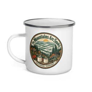 Gatlinburg and the Smokies Enamel Camp Mug: The Mountains Are Smoky, Vintage Round Badge - 12 oz - Left