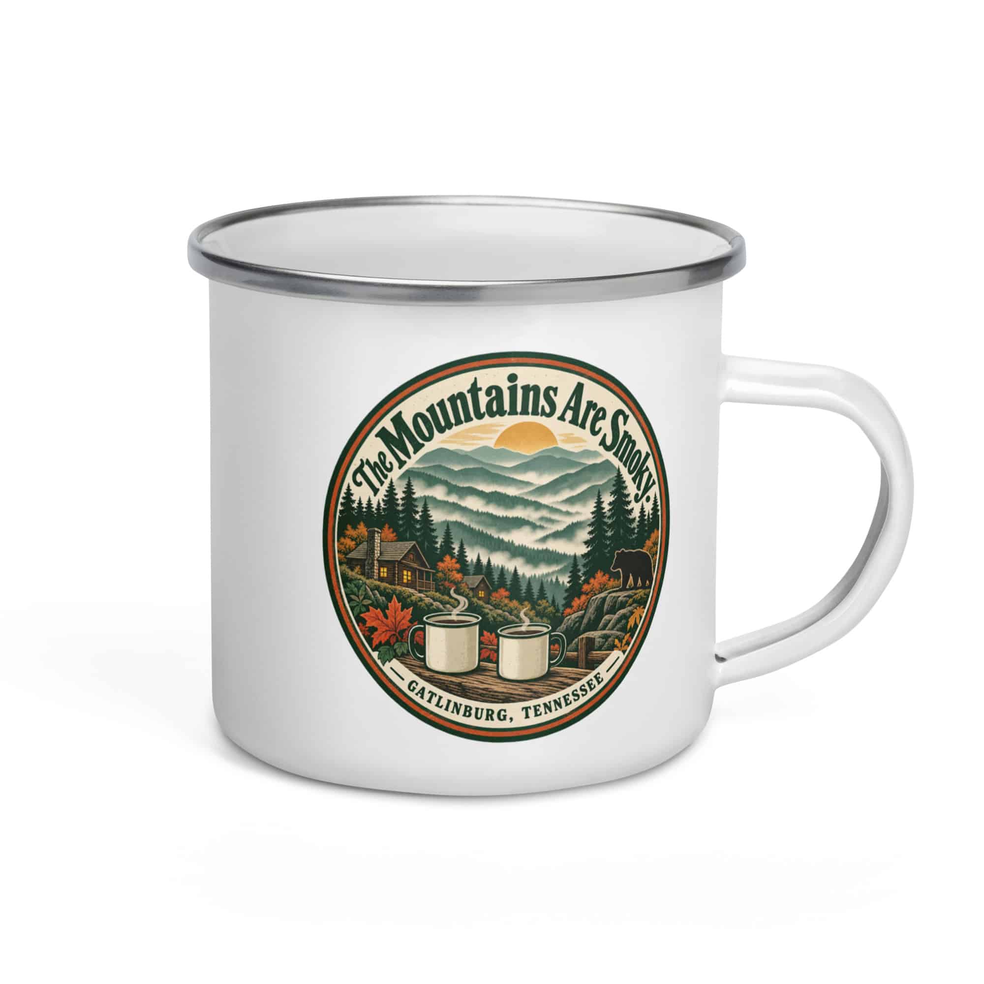 Gatlinburg and the Smokies Enamel Camp Mug: The Mountains Are Smoky, Vintage Round Badge