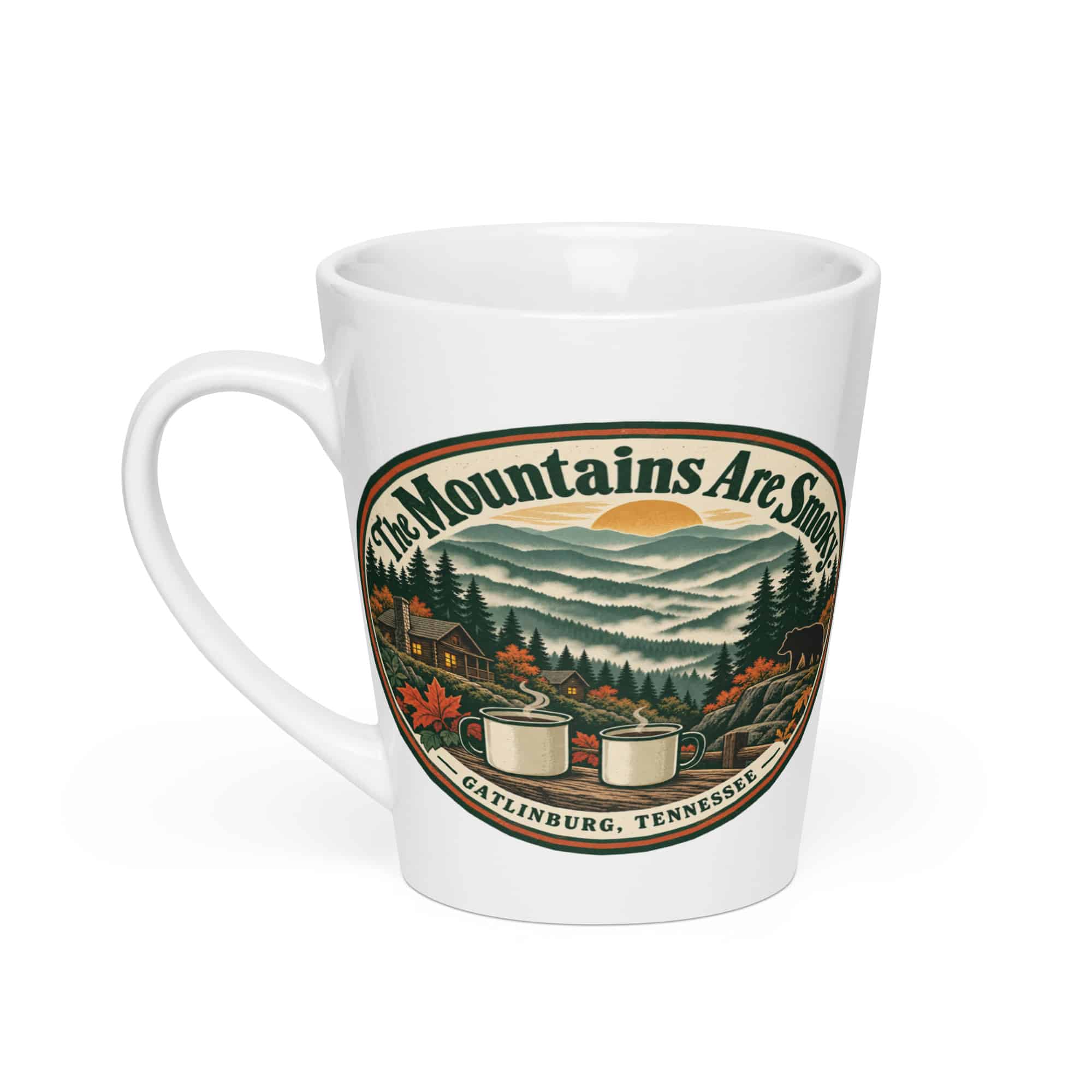 Gatlinburg and the Smokies Latte Mug: The Mountains Are Smoky, Vintage Round Badge