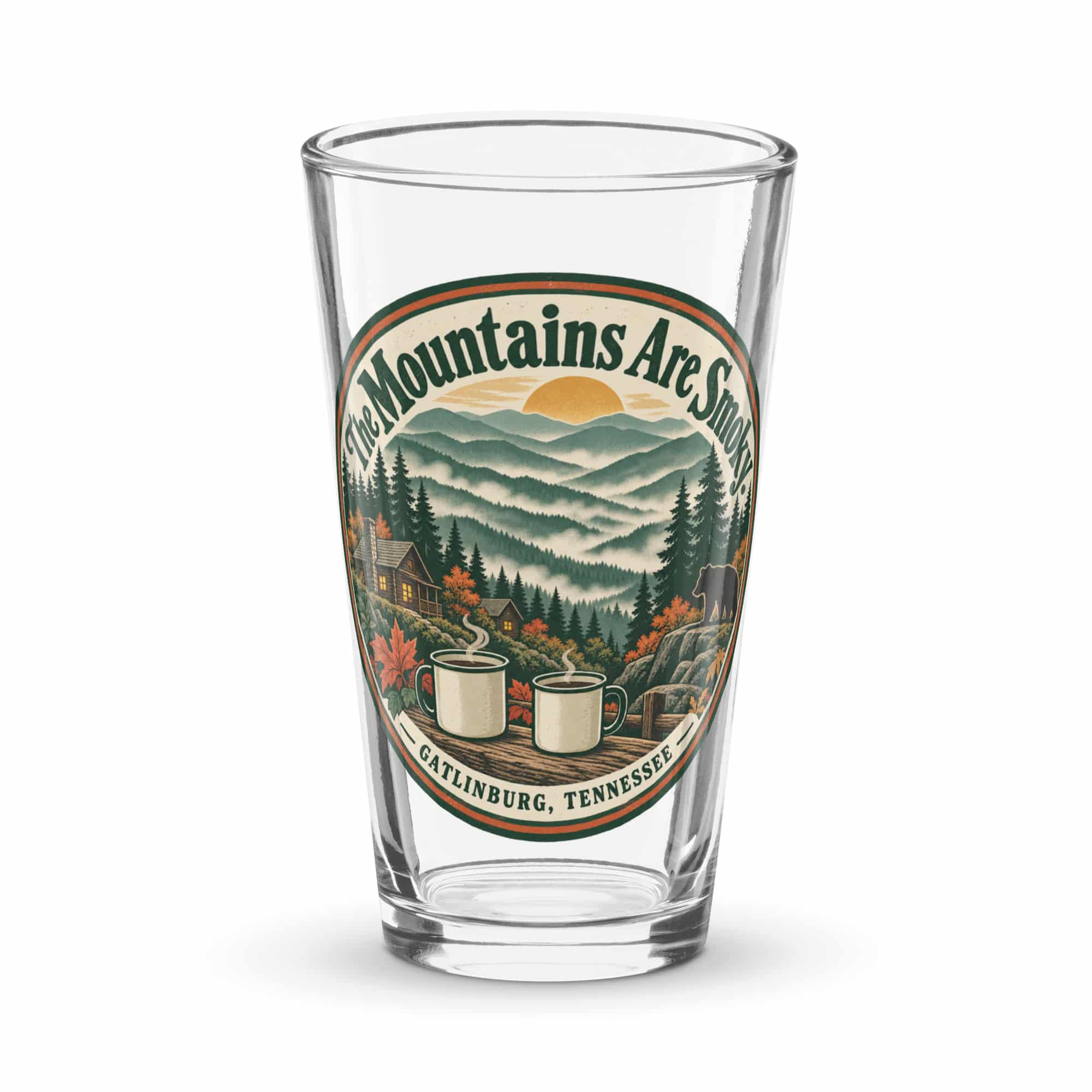 Gatlinburg and the Smokies Pint Glass: The Mountains Are Smoky, Vintage Round Badge