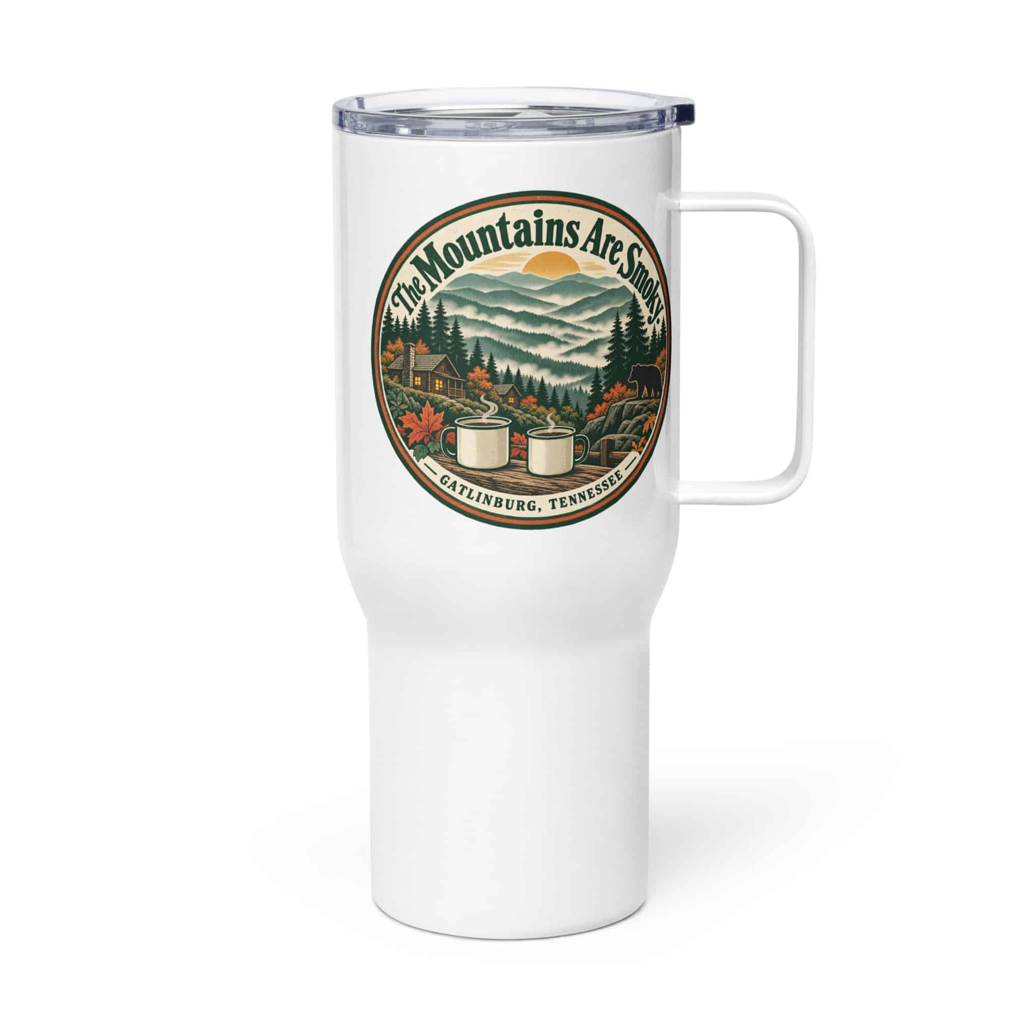 Gatlinburg and the Smokies Travel Mug: The Mountains Are Smoky, Vintage Round Badge