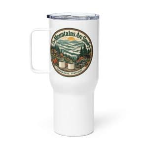 Gatlinburg and the Smokies Travel Mug: The Mountains Are Smoky, Vintage Round Badge - 25 oz - Main