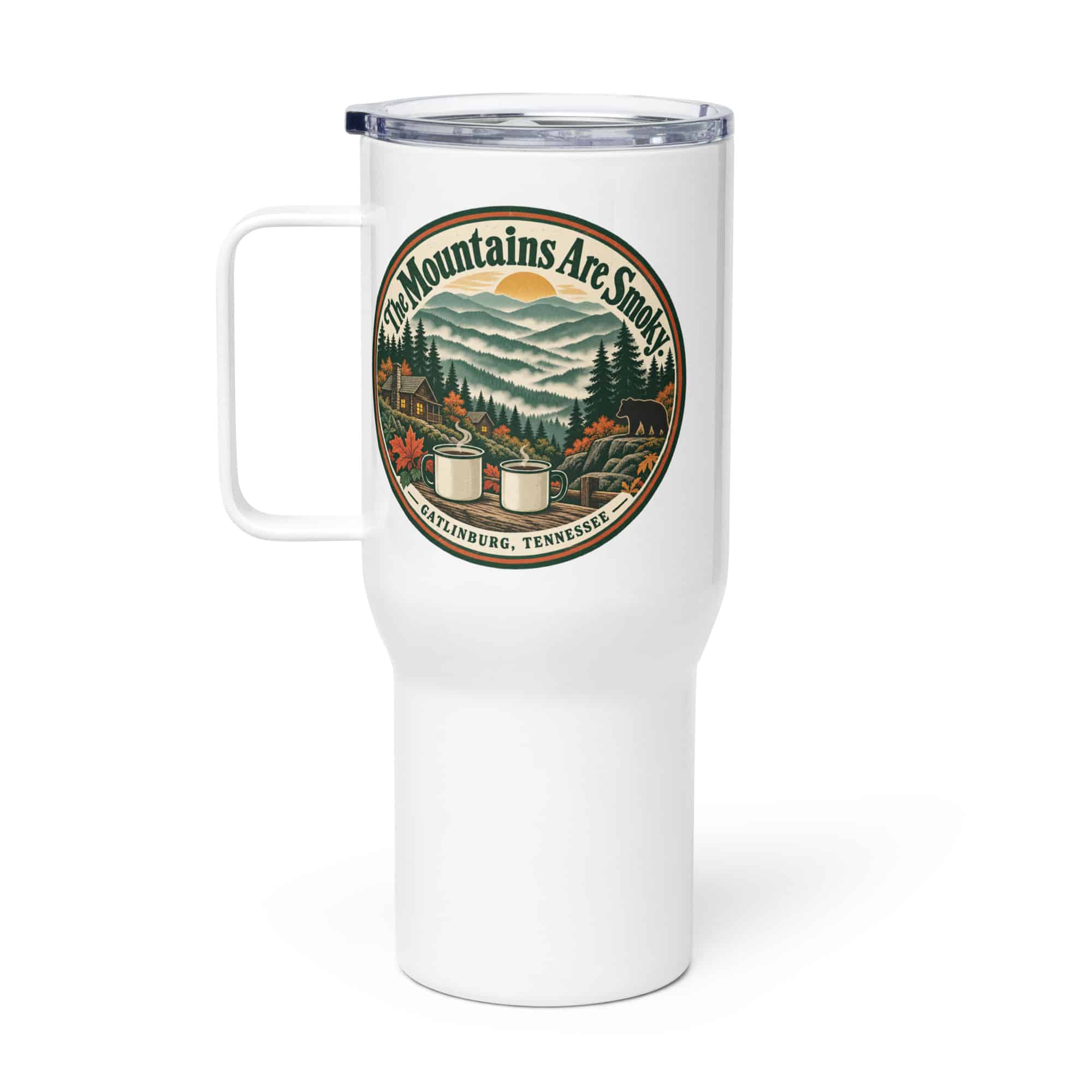 Gatlinburg and the Smokies Travel Mug: The Mountains Are Smoky, Vintage Round Badge