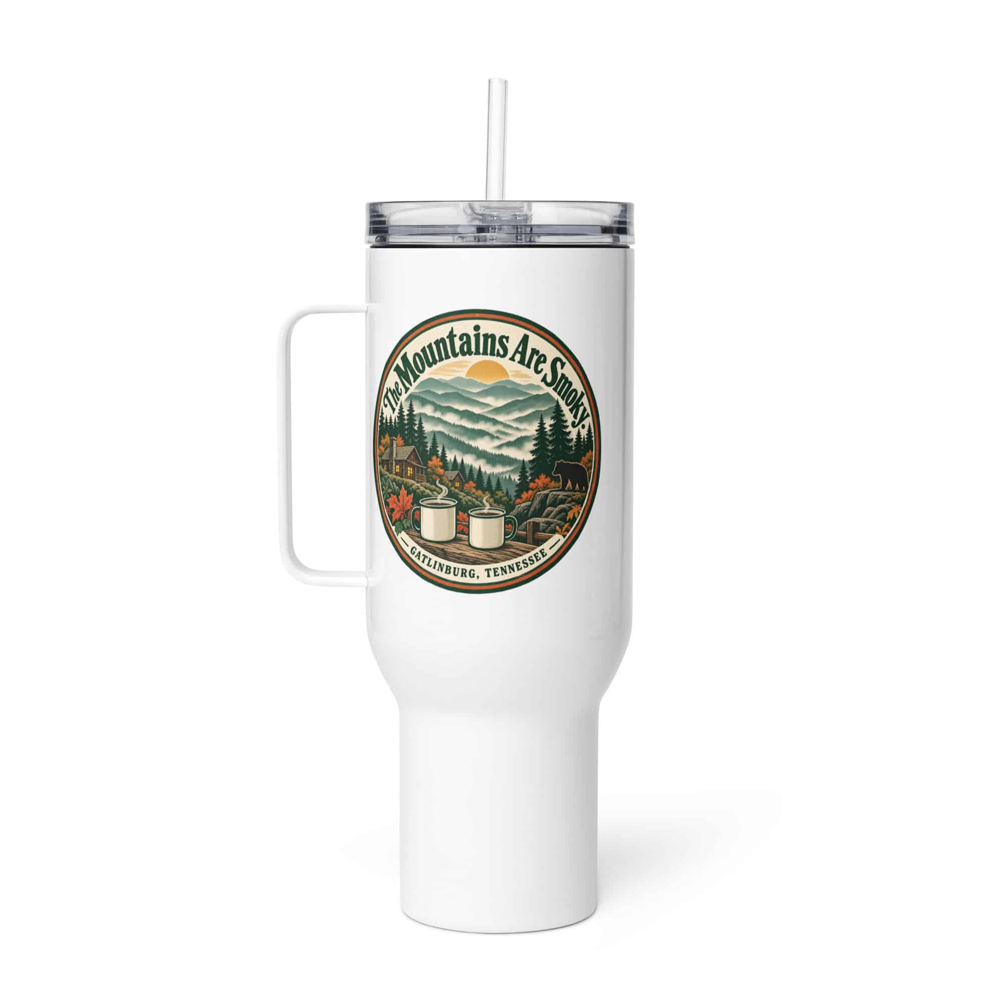 Gatlinburg and the Smokies Travel Mug: The Mountains Are Smoky, Vintage Round Badge