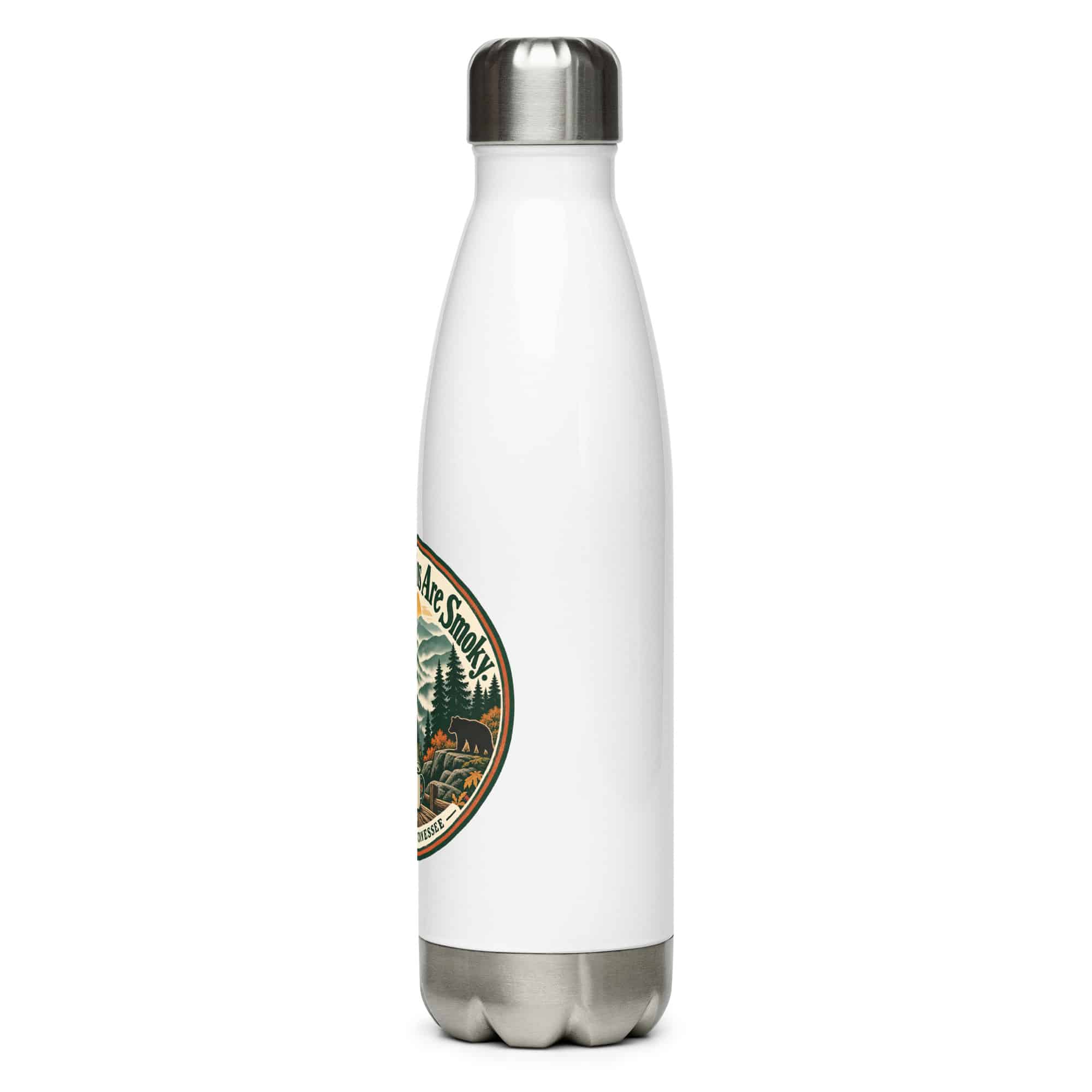 Gatlinburg and the Smokies Stainless Steel Water Bottle: The Mountains Are Smoky, Vintage Round Badge