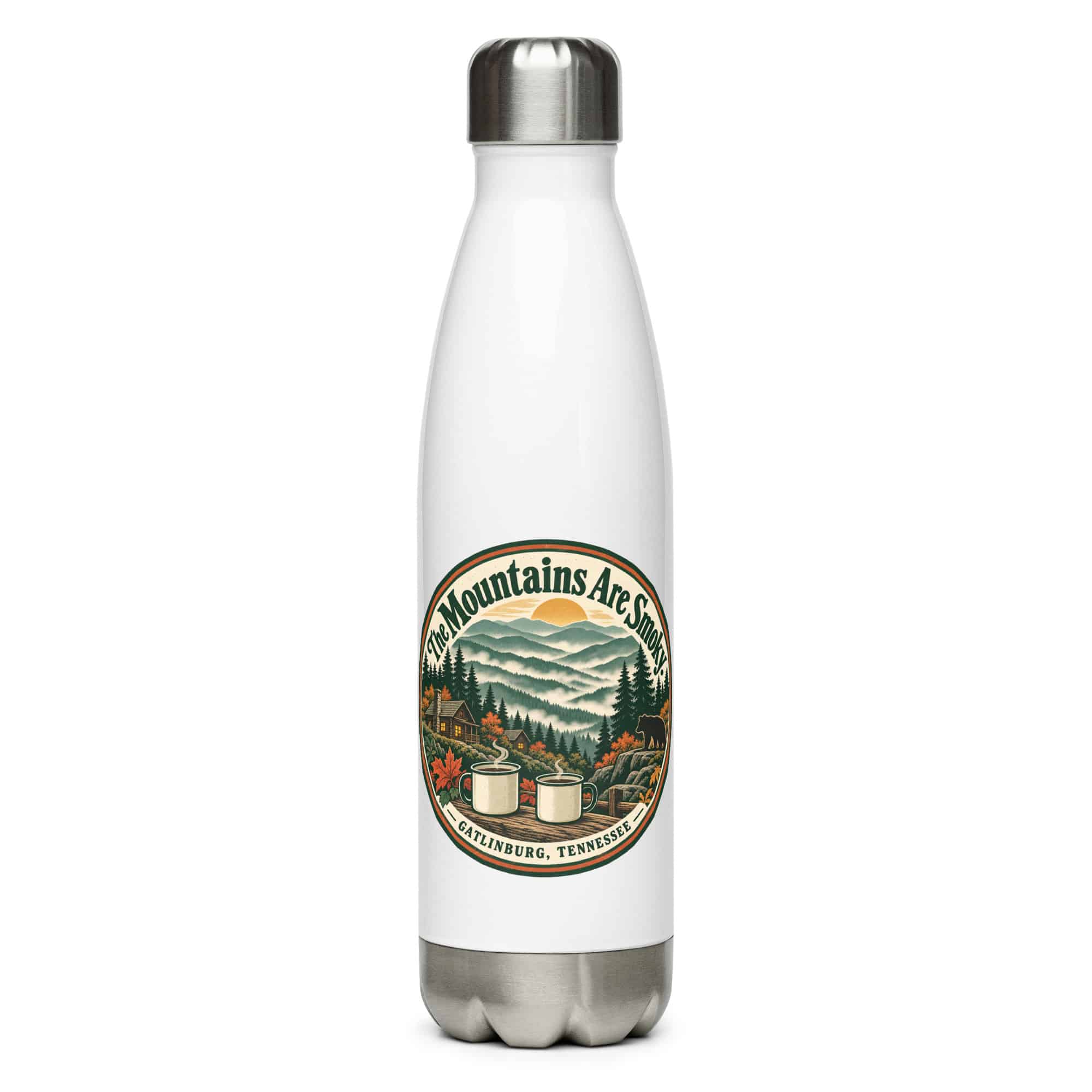 Gatlinburg and the Smokies Stainless Steel Water Bottle: The Mountains Are Smoky, Vintage Round Badge