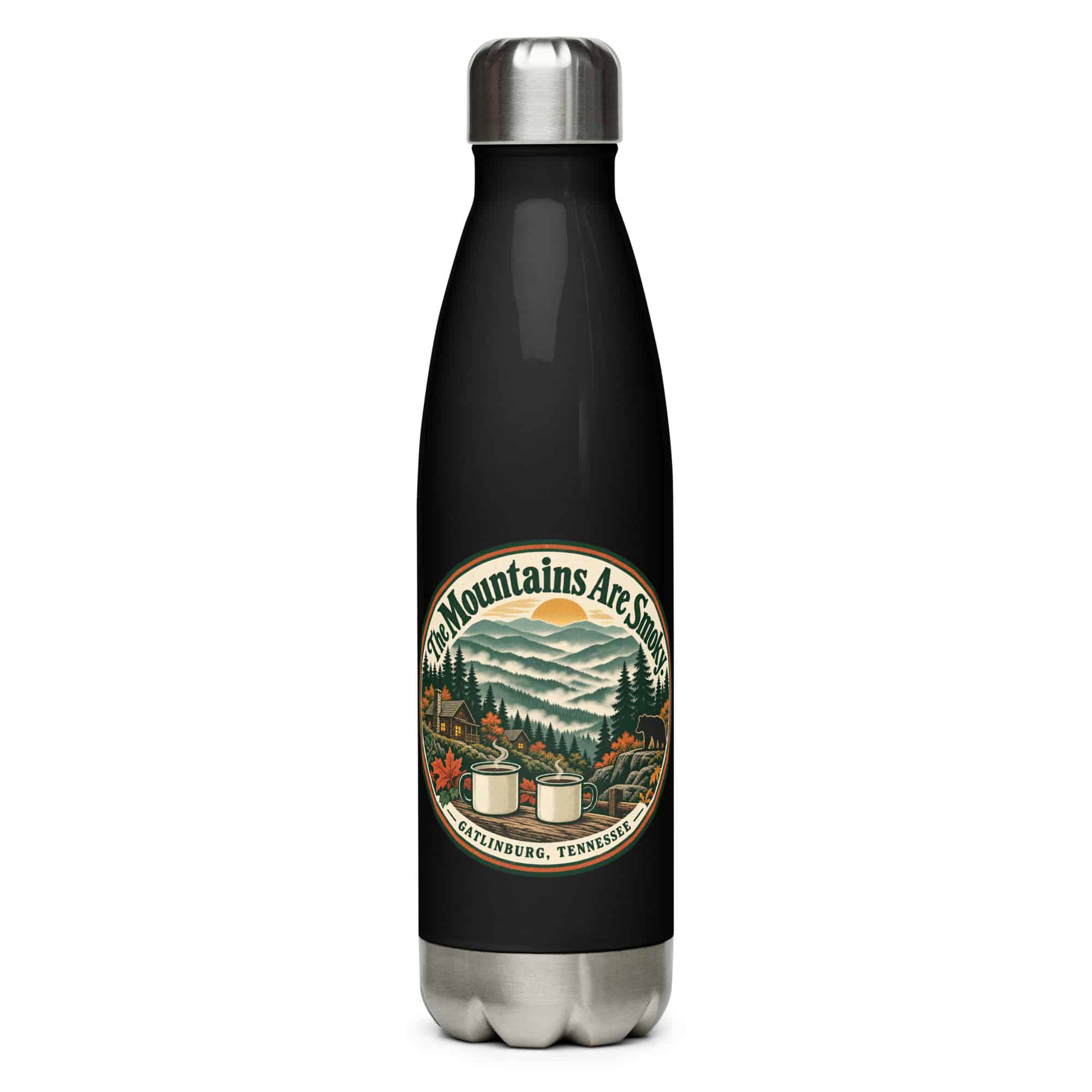 Gatlinburg and the Smokies Stainless Steel Water Bottle: The Mountains Are Smoky, Vintage Round Badge