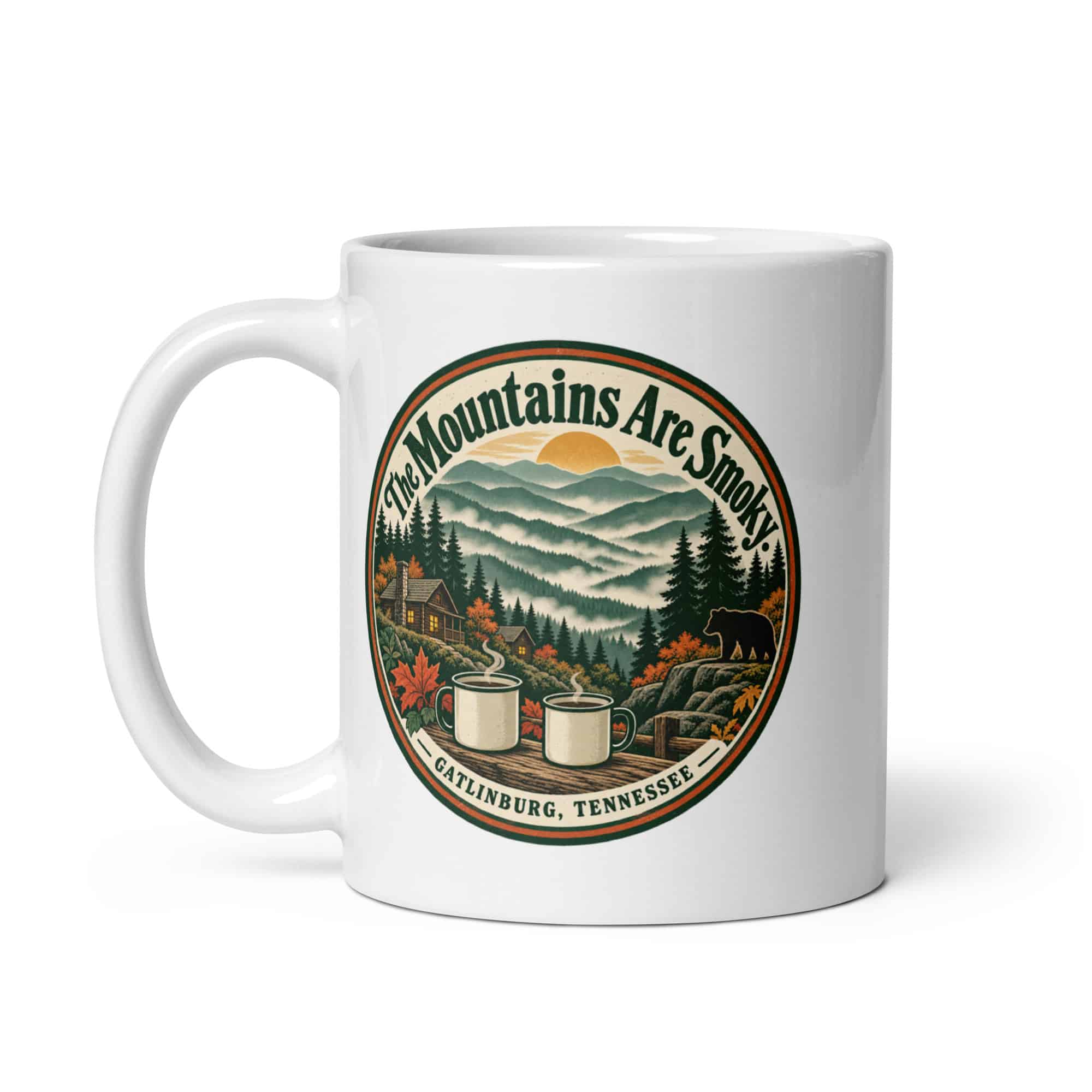 Gatlinburg and the Smokies White Ceramic Coffee Mug: The Mountains Are Smoky, Vintage Round Badge