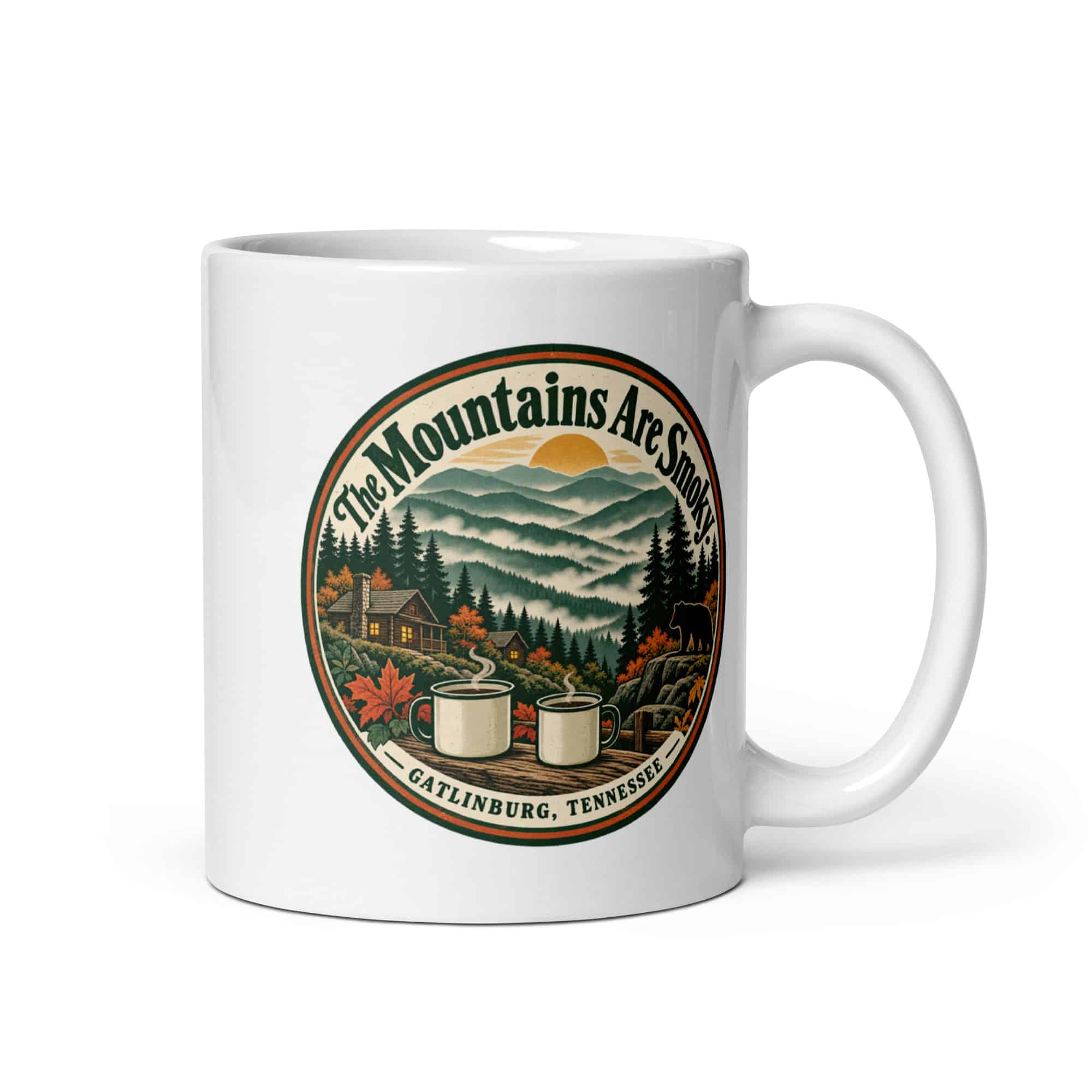 Gatlinburg and the Smokies White Ceramic Coffee Mug: The Mountains Are Smoky, Vintage Round Badge
