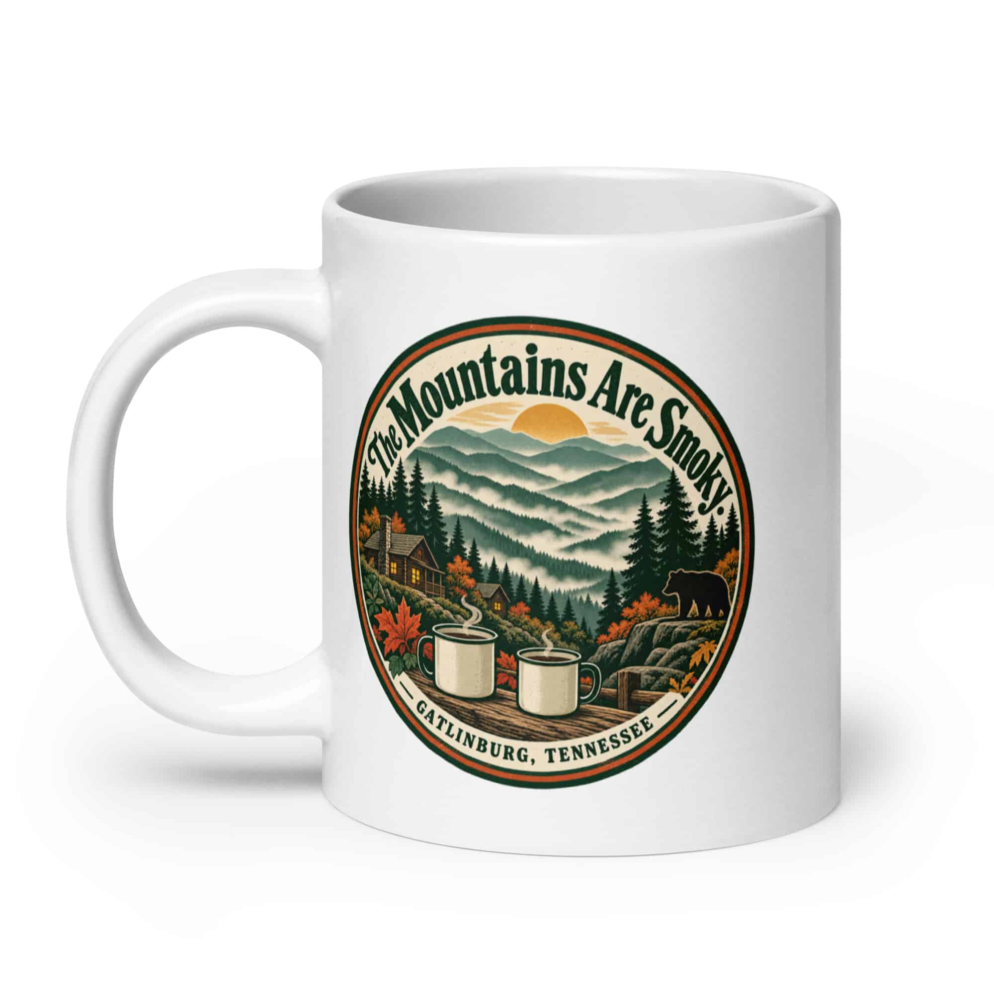 Gatlinburg and the Smokies White Ceramic Coffee Mug: The Mountains Are Smoky, Vintage Round Badge