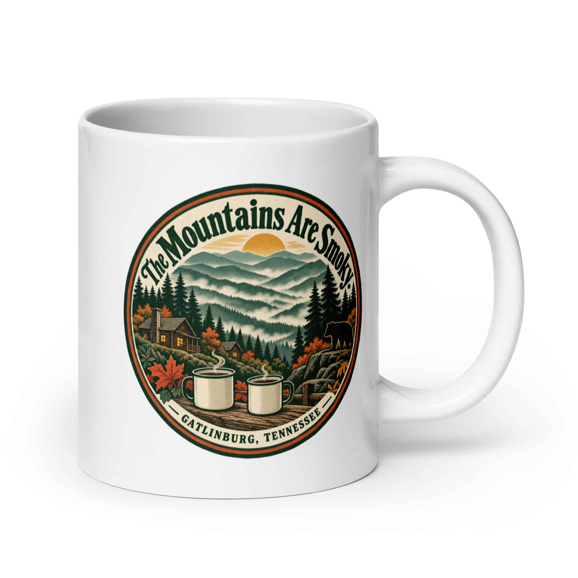 Gatlinburg and the Smokies White Ceramic Coffee Mug: The Mountains Are Smoky, Vintage Round Badge