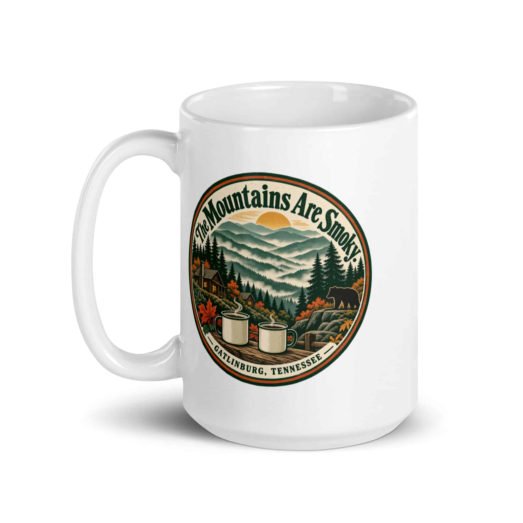Gatlinburg and the Smokies White Ceramic Coffee Mug: The Mountains Are Smoky, Vintage Round Badge