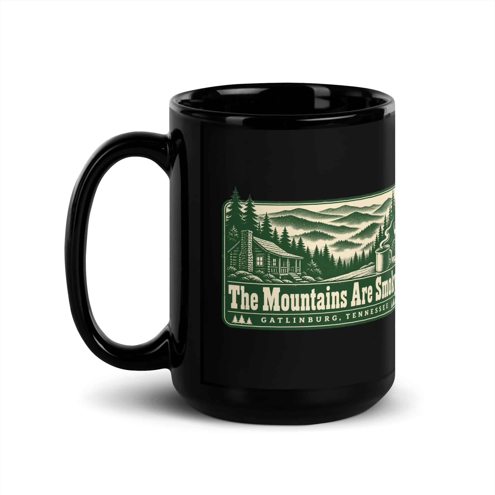 Gatlinburg and the Smokies Black Coffee Mug: The Mountains Are Smoky, Forest Ink Stamp