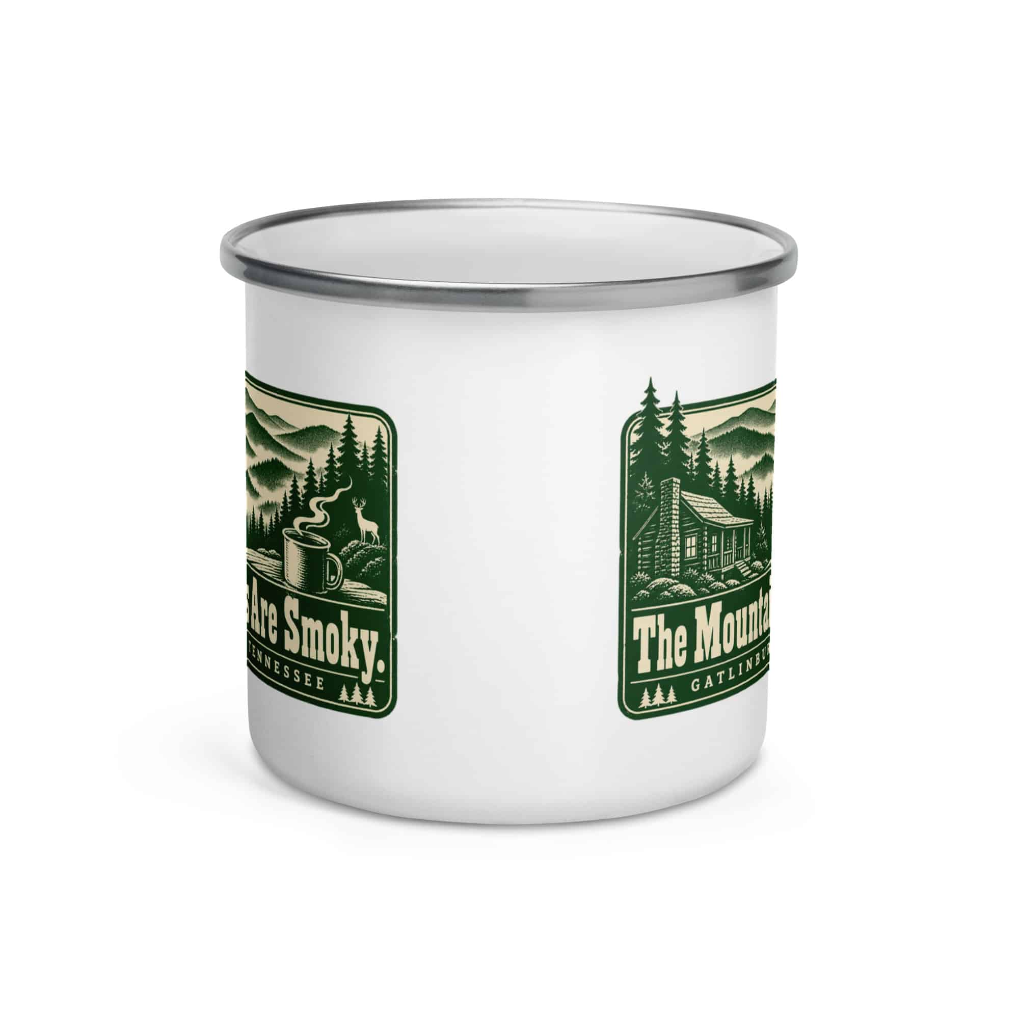 Gatlinburg and the Smokies Enamel Camp Mug: The Mountains Are Smoky, Forest Ink Stamp