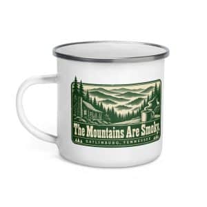 Gatlinburg and the Smokies Enamel Camp Mug: The Mountains Are Smoky, Forest Ink Stamp - 12 oz - Left