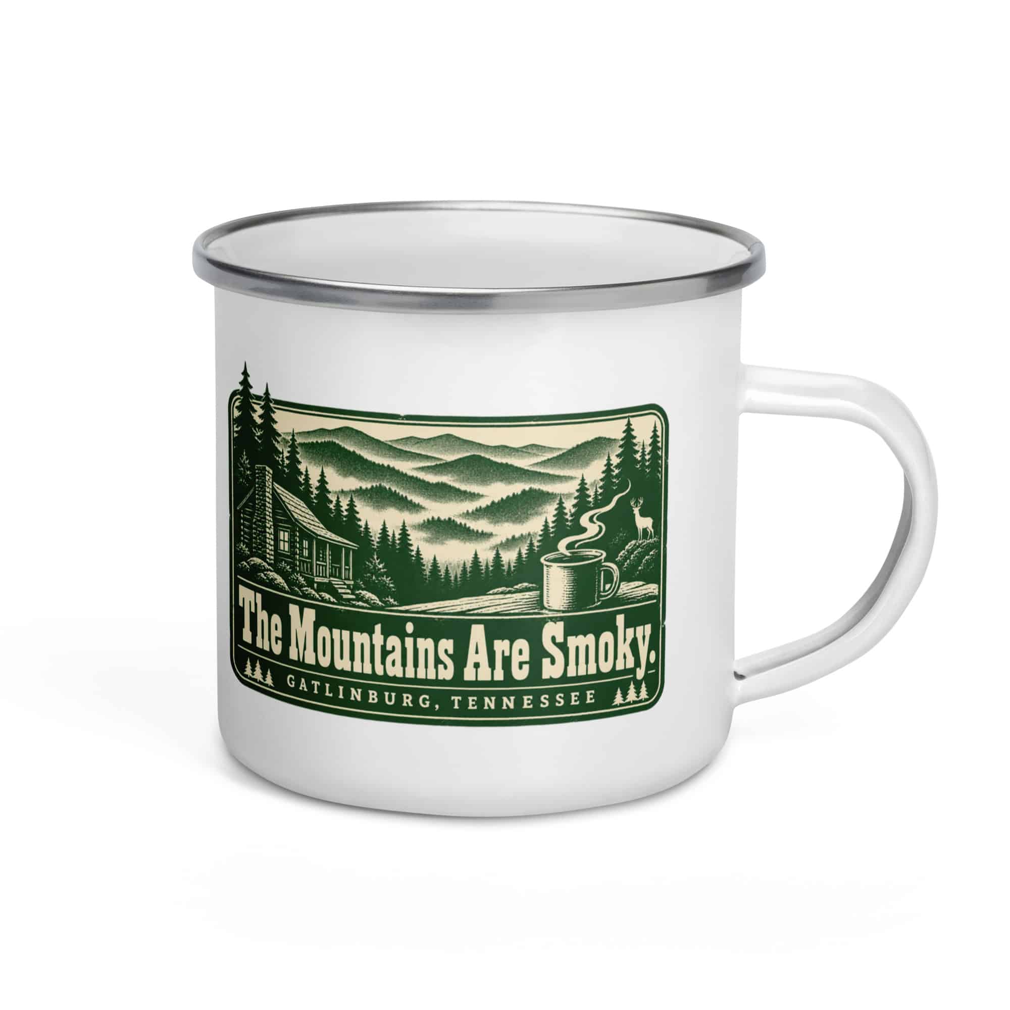 Gatlinburg and the Smokies Enamel Camp Mug: The Mountains Are Smoky, Forest Ink Stamp