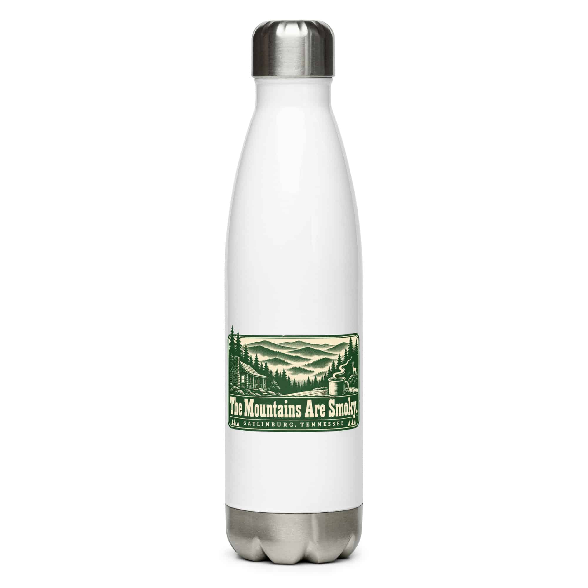 Gatlinburg and the Smokies Stainless Steel Water Bottle: The Mountains Are Smoky, Forest Ink Stamp