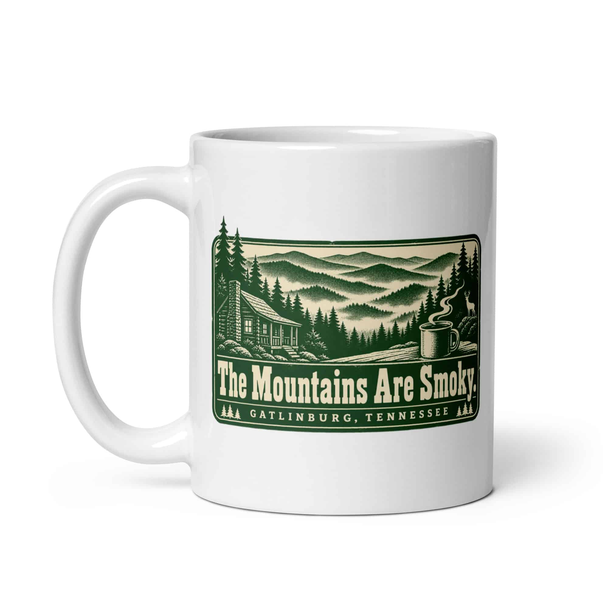 Gatlinburg and the Smokies White Ceramic Coffee Mug: The Mountains Are Smoky, Forest Ink Stamp