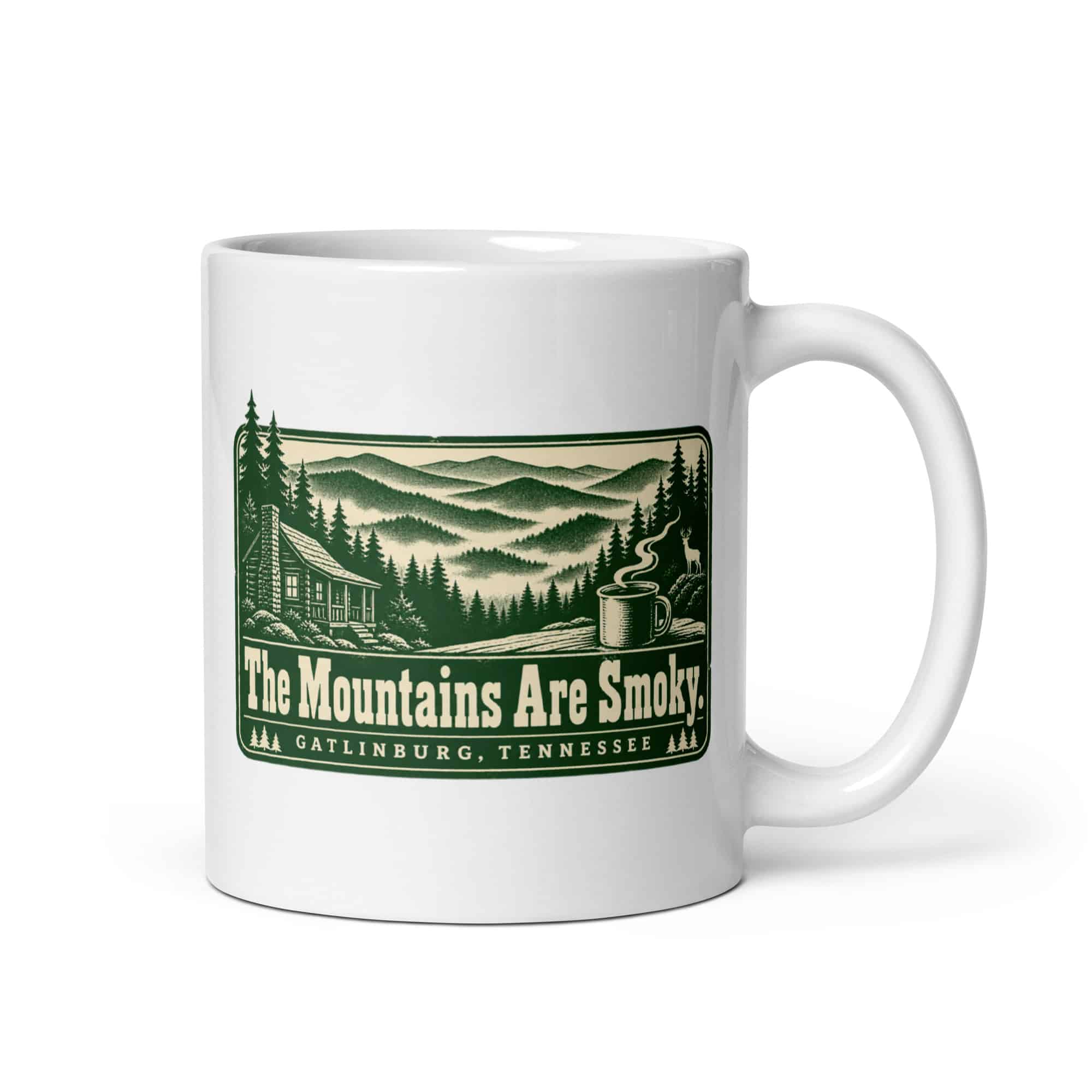 Gatlinburg and the Smokies White Ceramic Coffee Mug: The Mountains Are Smoky, Forest Ink Stamp
