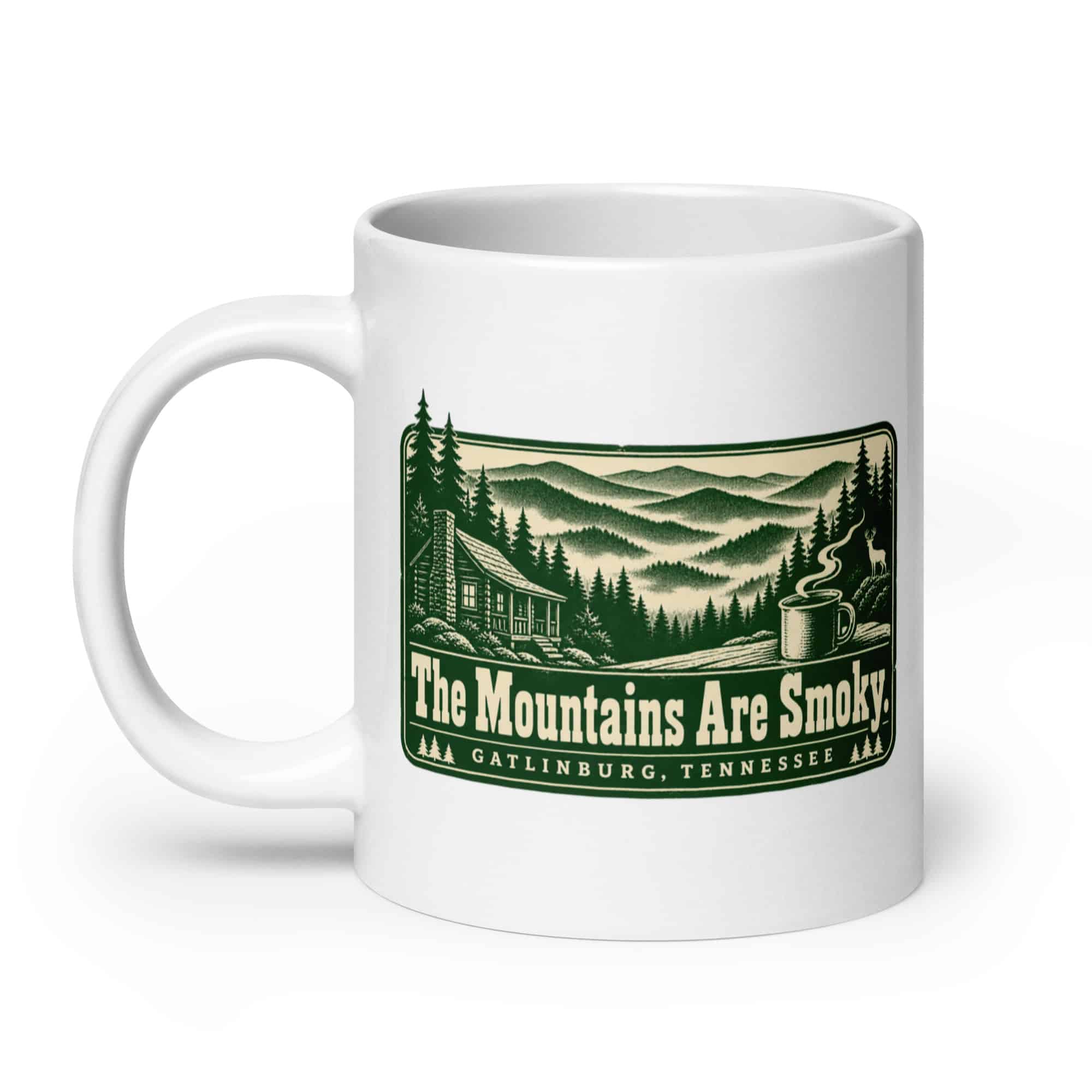 Gatlinburg and the Smokies White Ceramic Coffee Mug: The Mountains Are Smoky, Forest Ink Stamp