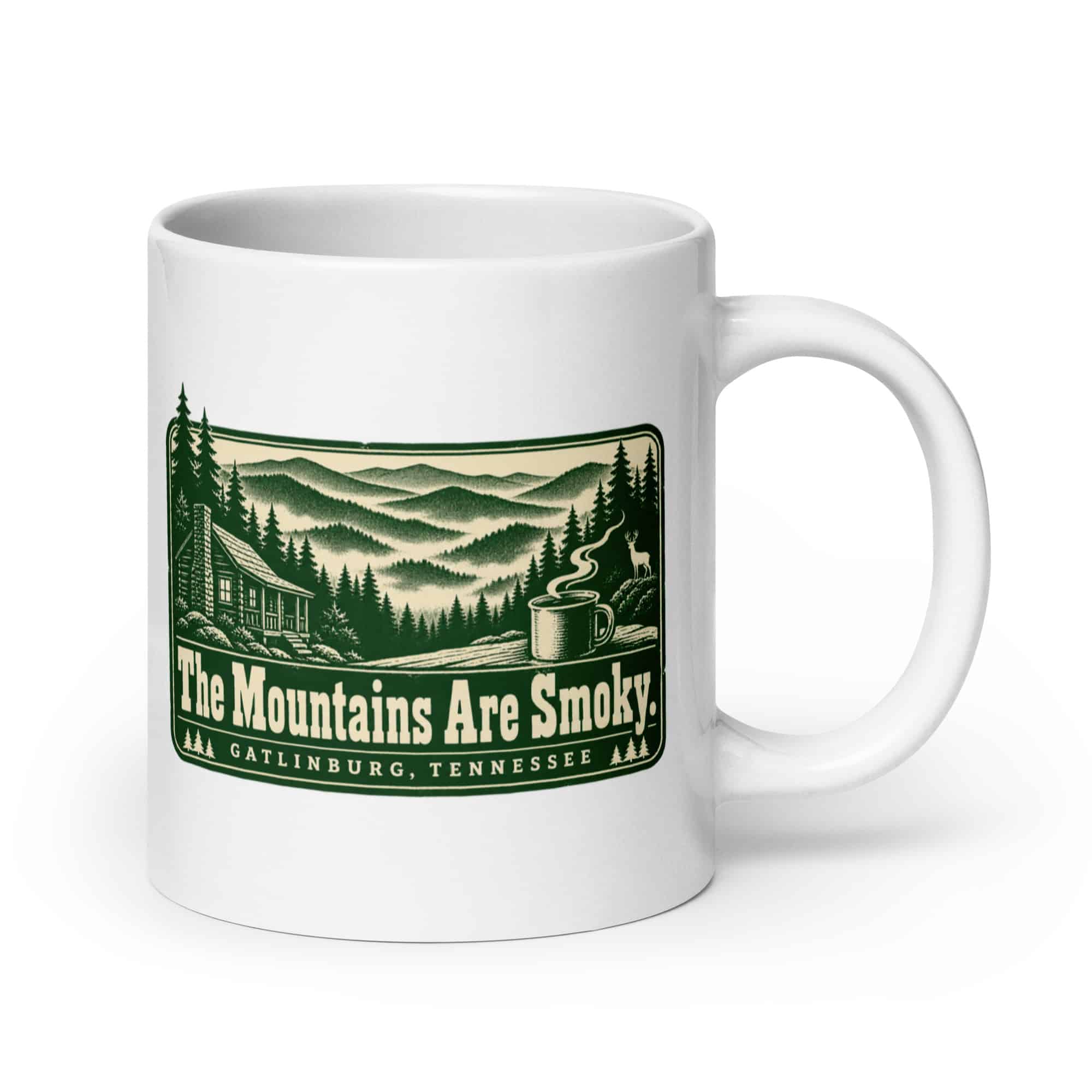 Gatlinburg and the Smokies White Ceramic Coffee Mug: The Mountains Are Smoky, Forest Ink Stamp