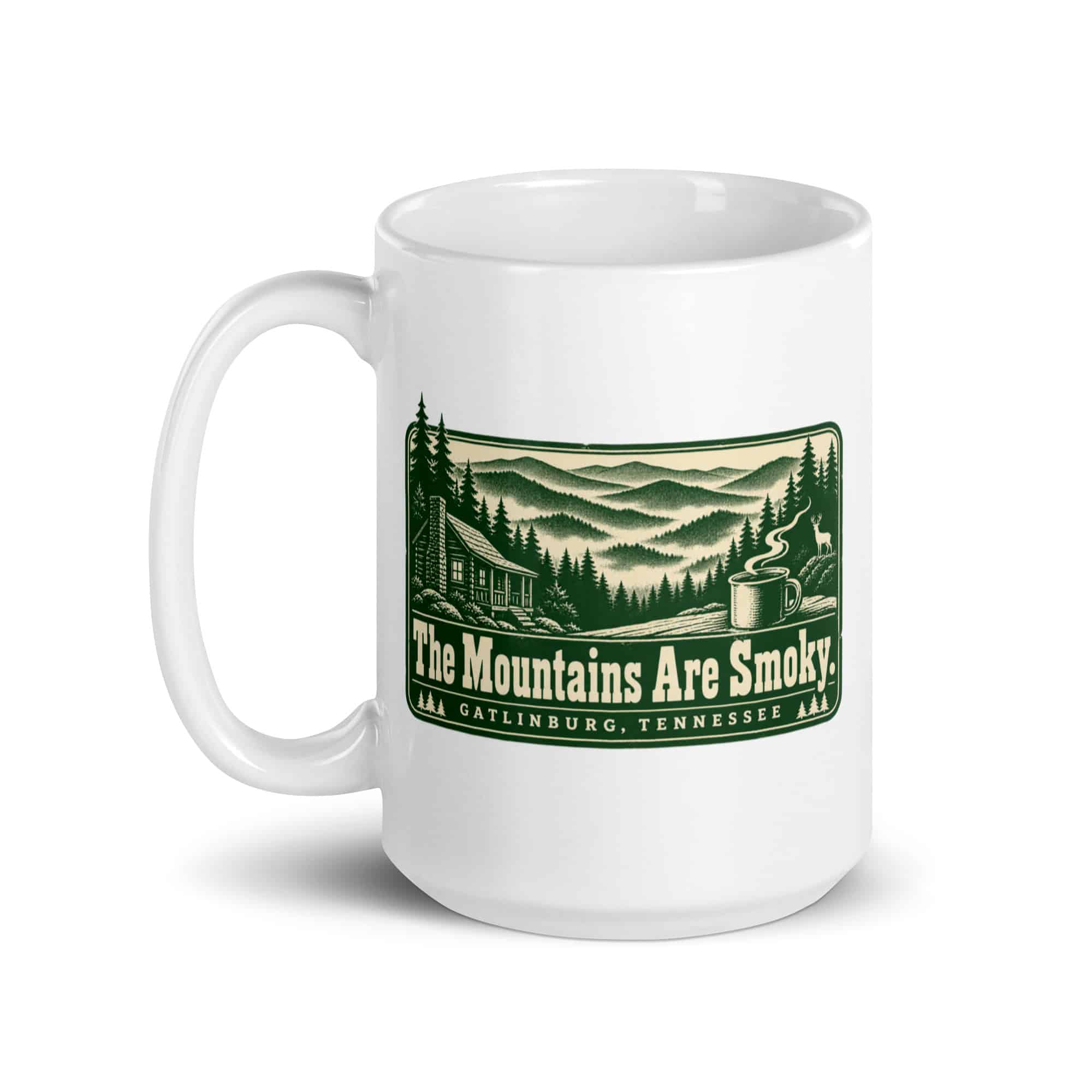 Gatlinburg and the Smokies White Ceramic Coffee Mug: The Mountains Are Smoky, Forest Ink Stamp