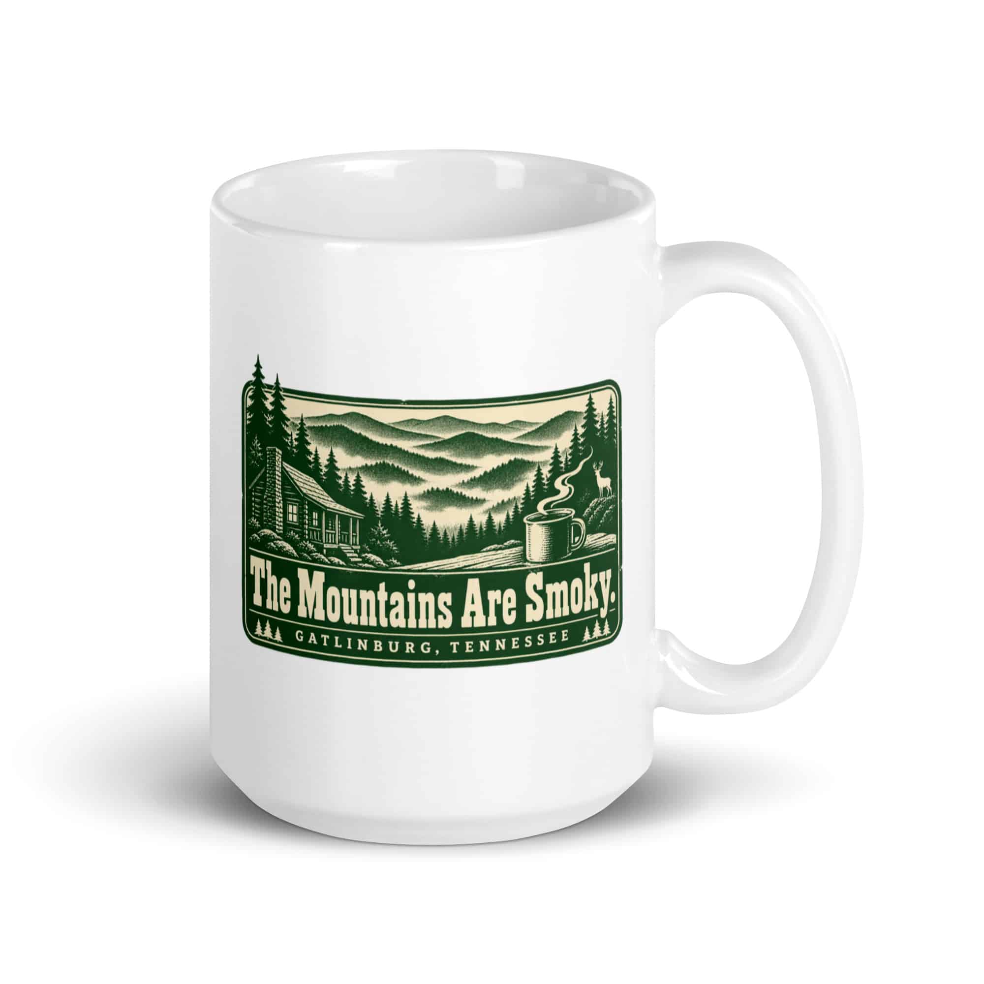Gatlinburg and the Smokies White Ceramic Coffee Mug: The Mountains Are Smoky, Forest Ink Stamp