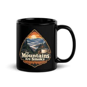Gatlinburg and the Smokies Black Coffee Mug: The Mountains Are Smoky, Scenic Shield Badge - 11 oz - Handle on Right