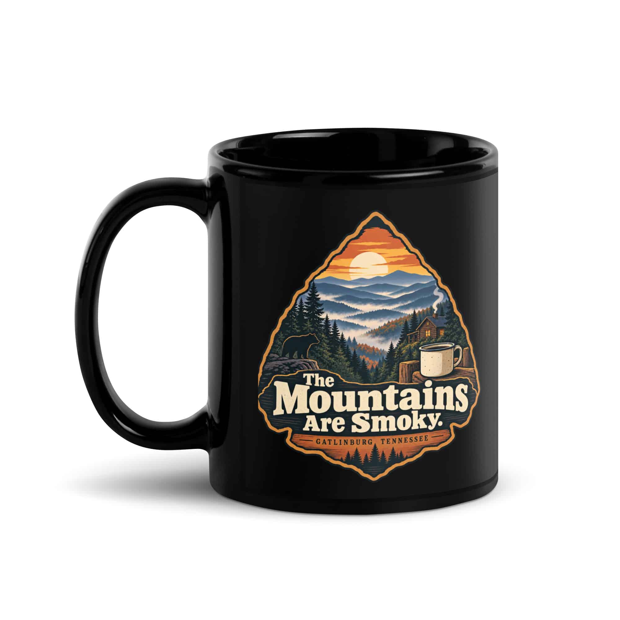 Gatlinburg and the Smokies Black Coffee Mug: The Mountains Are Smoky, Scenic Shield Badge
