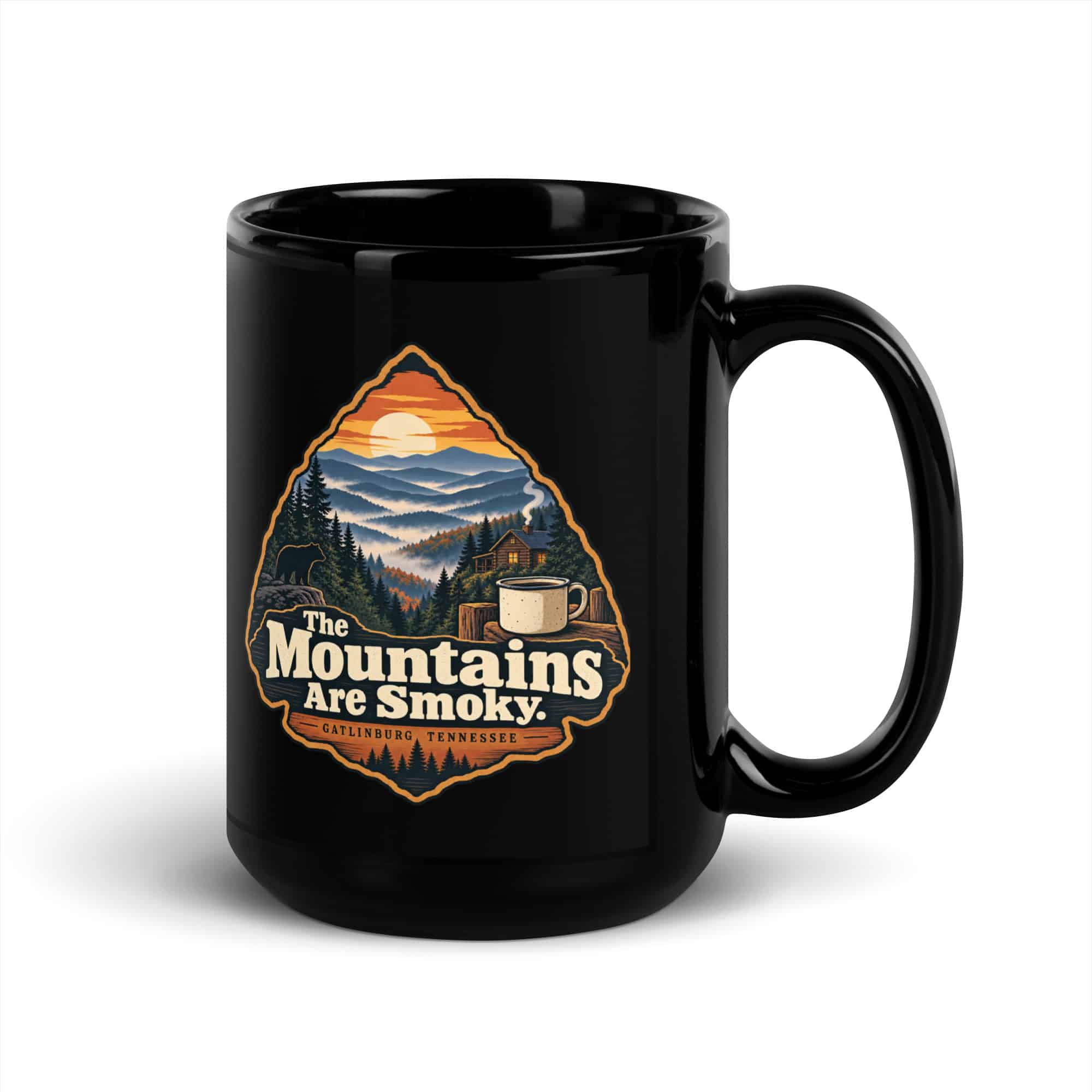 Gatlinburg and the Smokies Black Coffee Mug: The Mountains Are Smoky, Scenic Shield Badge