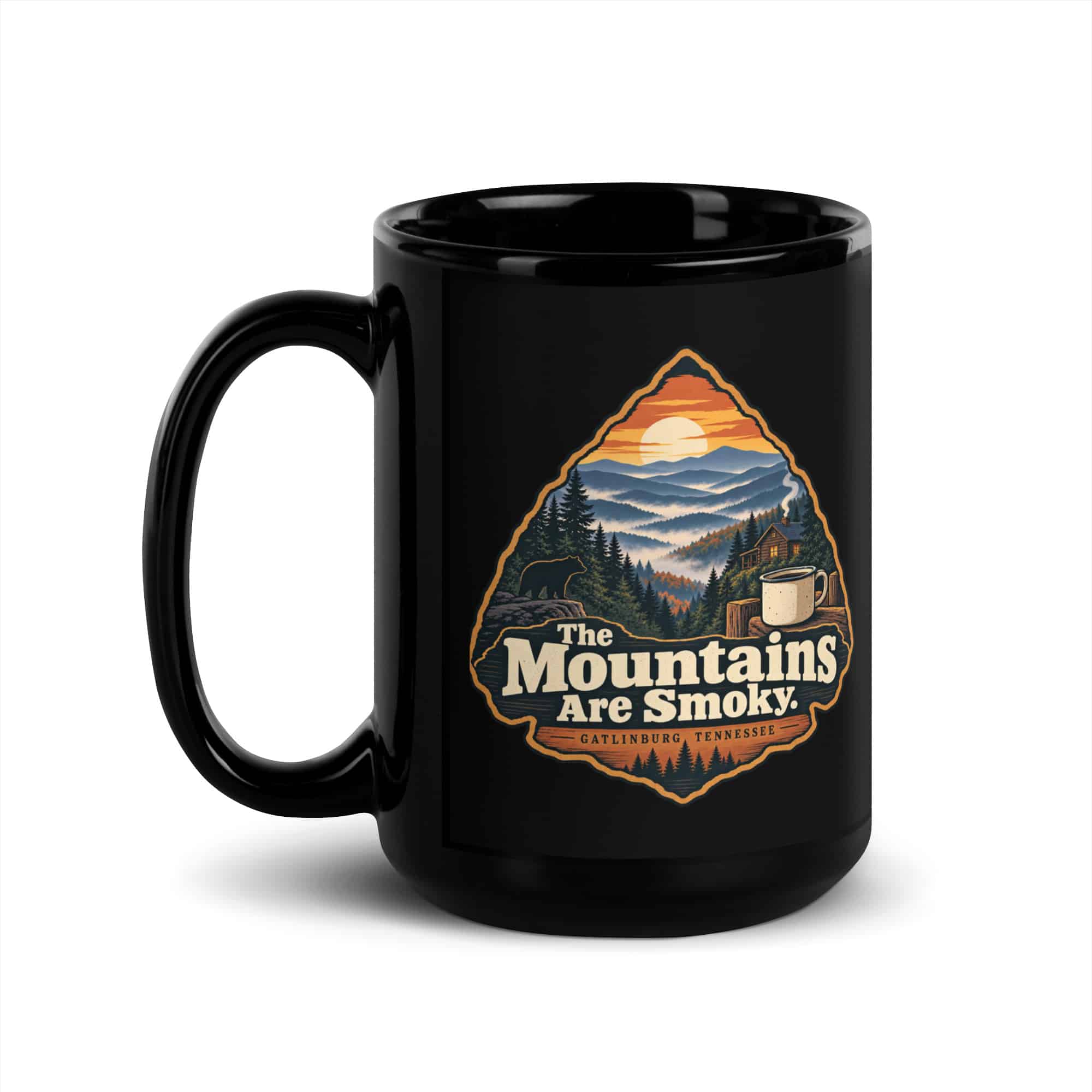 Gatlinburg and the Smokies Black Coffee Mug: The Mountains Are Smoky, Scenic Shield Badge