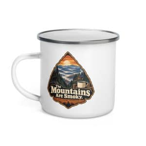 Gatlinburg and the Smokies Enamel Camp Mug: The Mountains Are Smoky, Scenic Shield Badge - 12 oz - Left