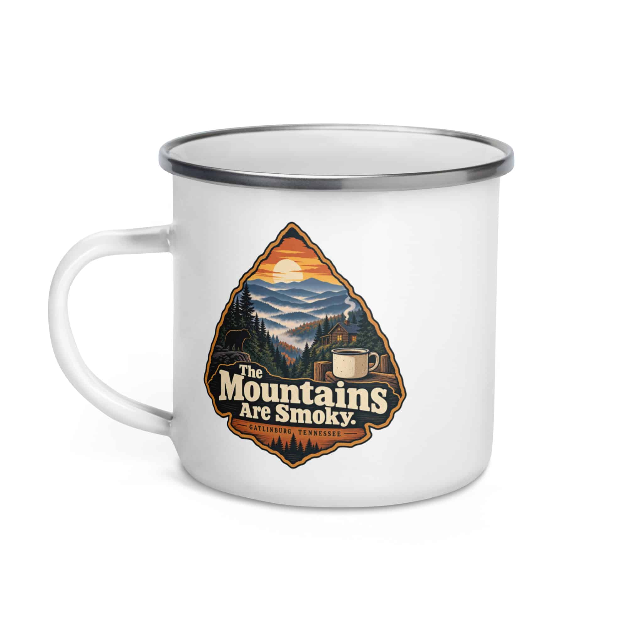 Gatlinburg and the Smokies Enamel Camp Mug: The Mountains Are Smoky, Scenic Shield Badge
