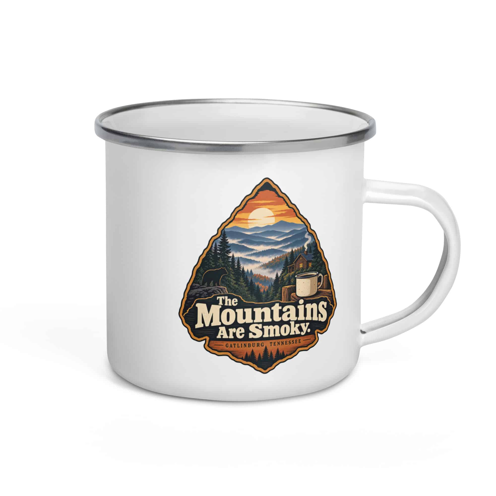 Gatlinburg and the Smokies Enamel Camp Mug: The Mountains Are Smoky, Scenic Shield Badge