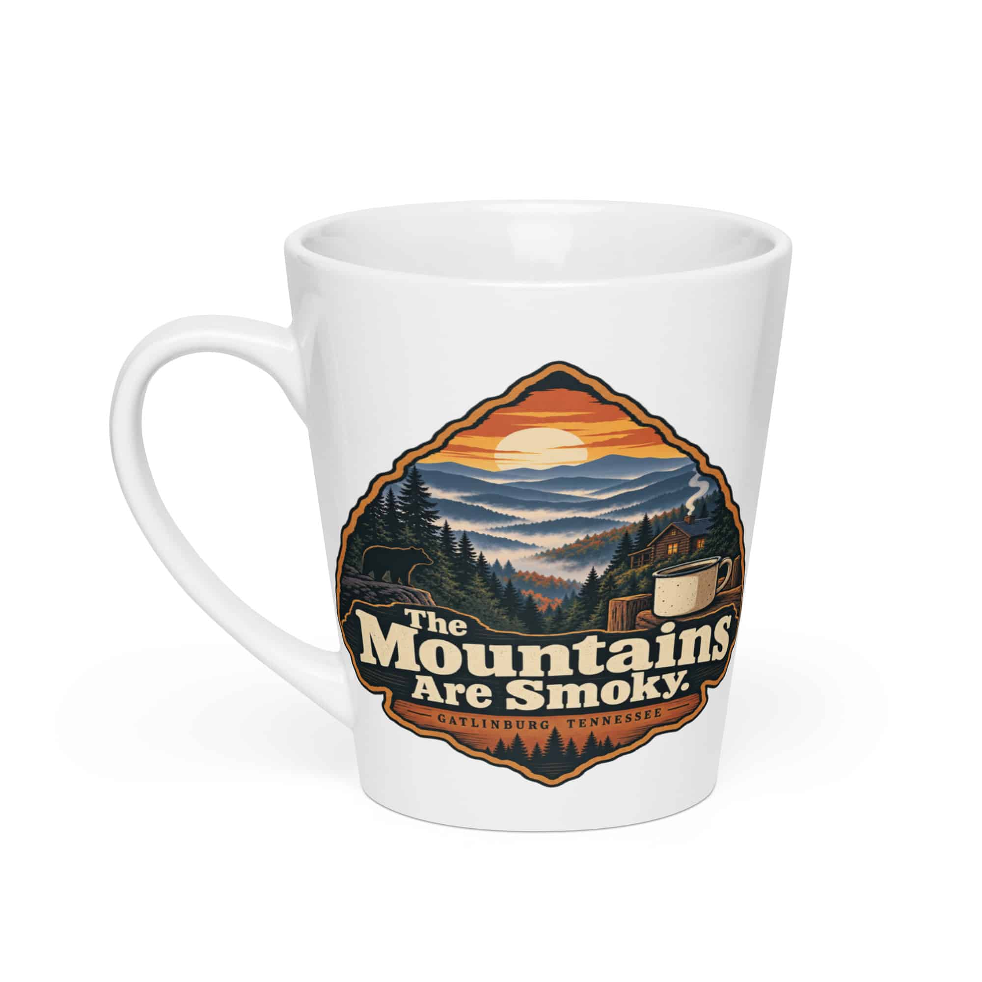 Gatlinburg and the Smokies Latte Mug: The Mountains Are Smoky, Scenic Shield Badge