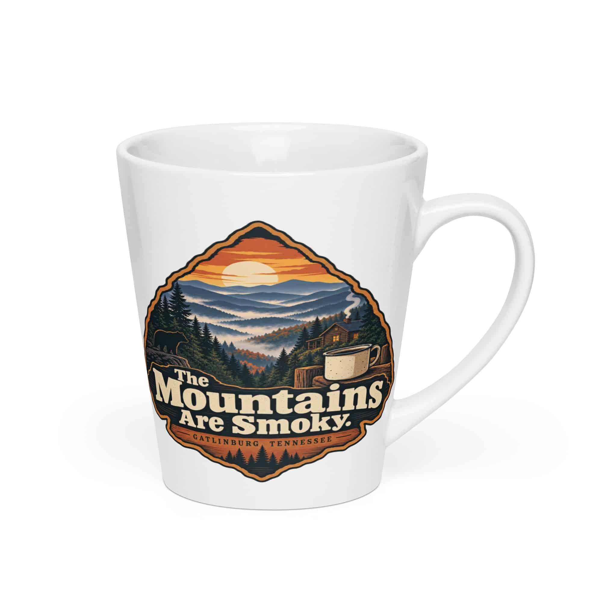 Gatlinburg and the Smokies Latte Mug: The Mountains Are Smoky, Scenic Shield Badge