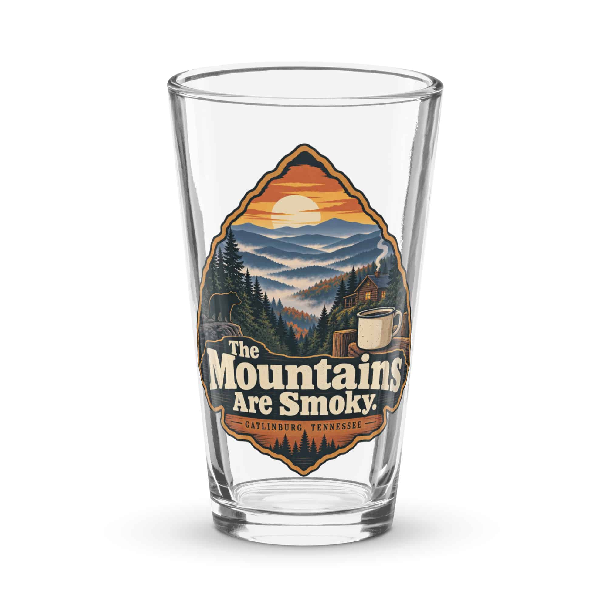 Gatlinburg and the Smokies Pint Glass: The Mountains Are Smoky, Scenic Shield Badge