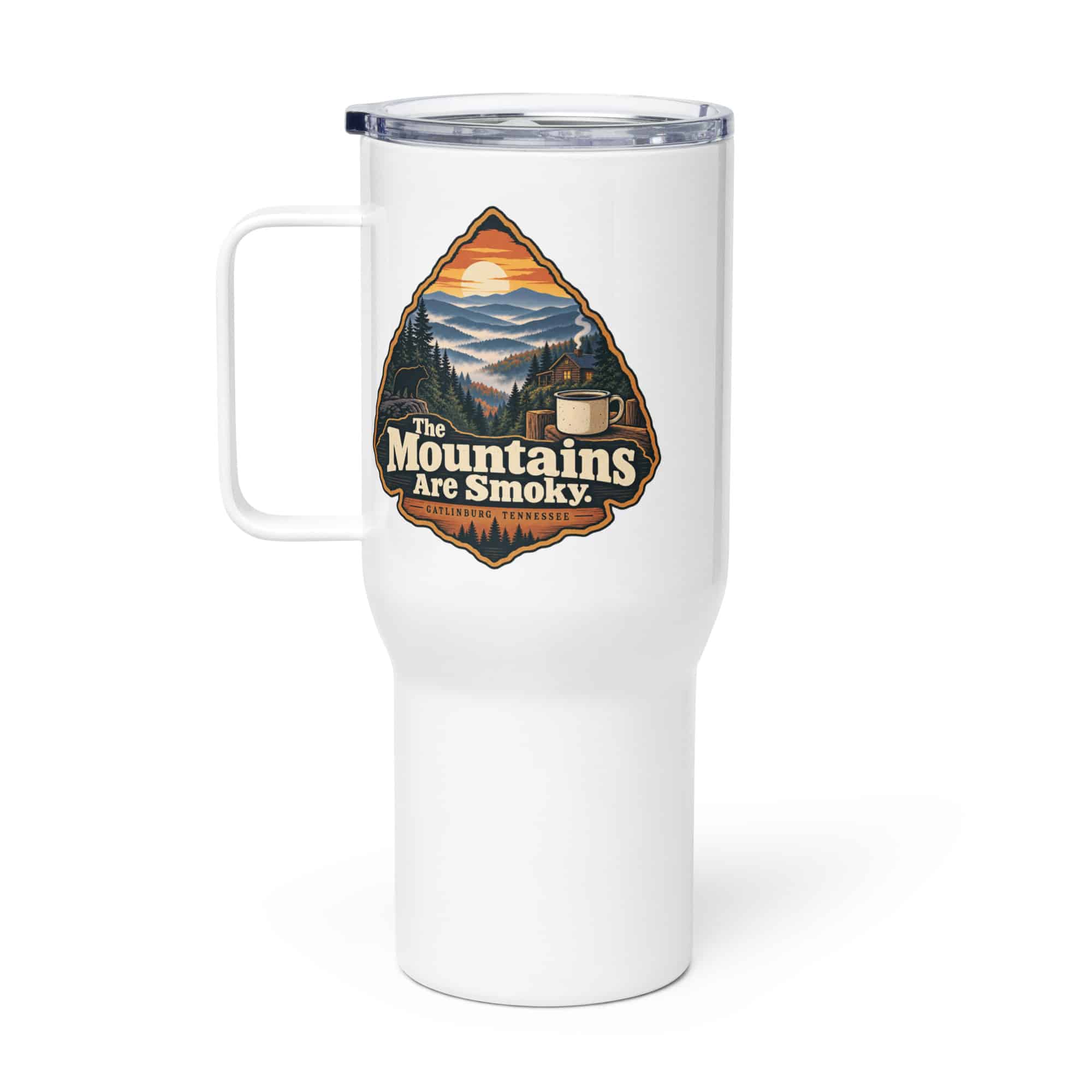 Gatlinburg and the Smokies Travel Mug: The Mountains Are Smoky, Scenic Shield Badge