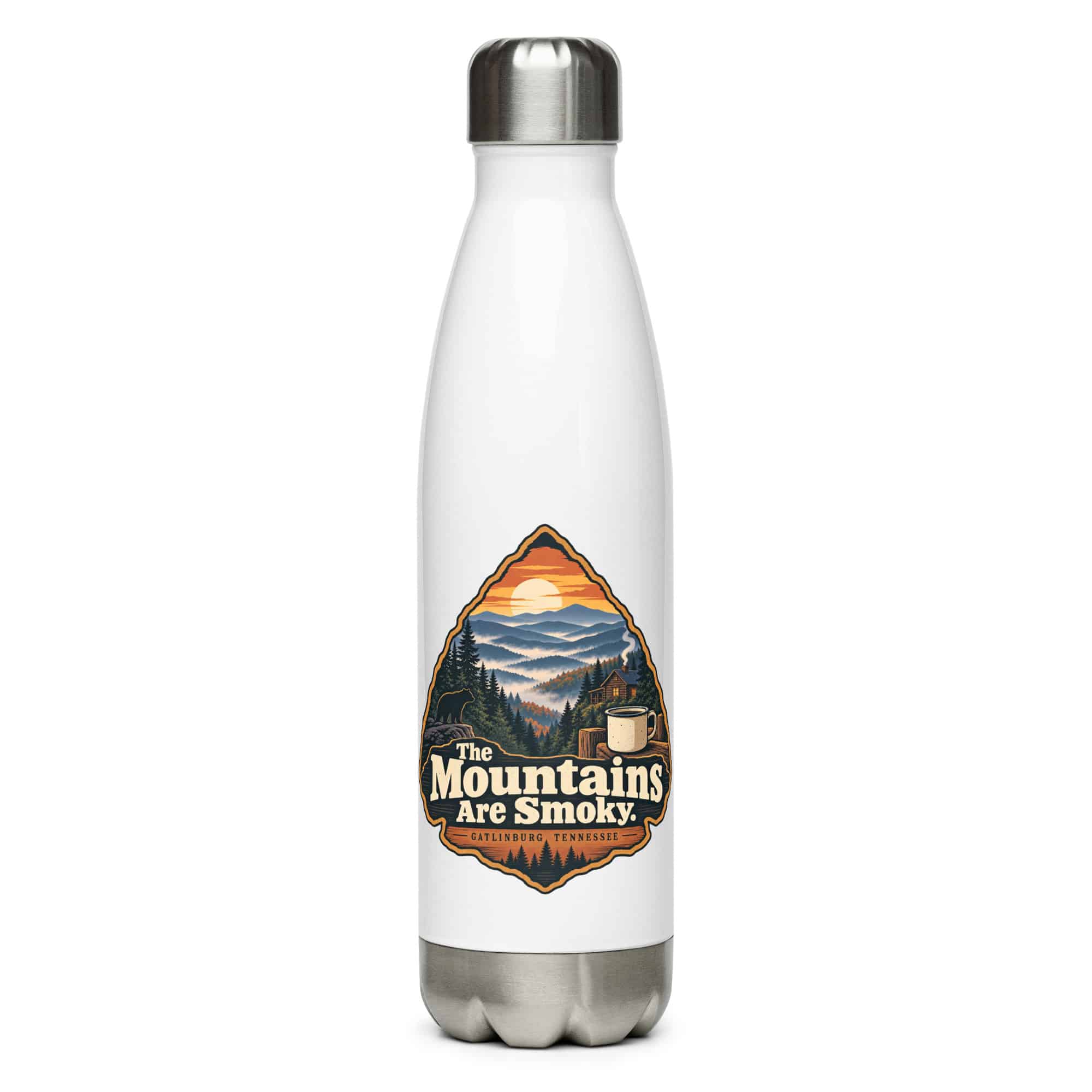 Gatlinburg and the Smokies Stainless Steel Water Bottle: The Mountains Are Smoky, Scenic Shield Badge